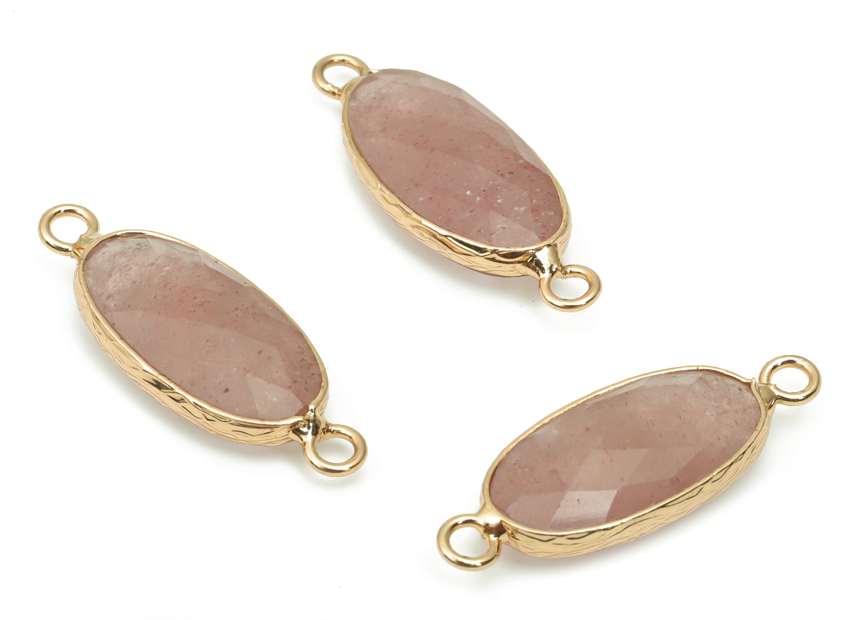 Strawberry Quartz Long Oval Connector - Brass Oval Charms and Bracelet - Natural Stone - Gold Tone Plated Brass – 29.9x11.5x5.8mm - NS1698A - DOMEDBAZAAR