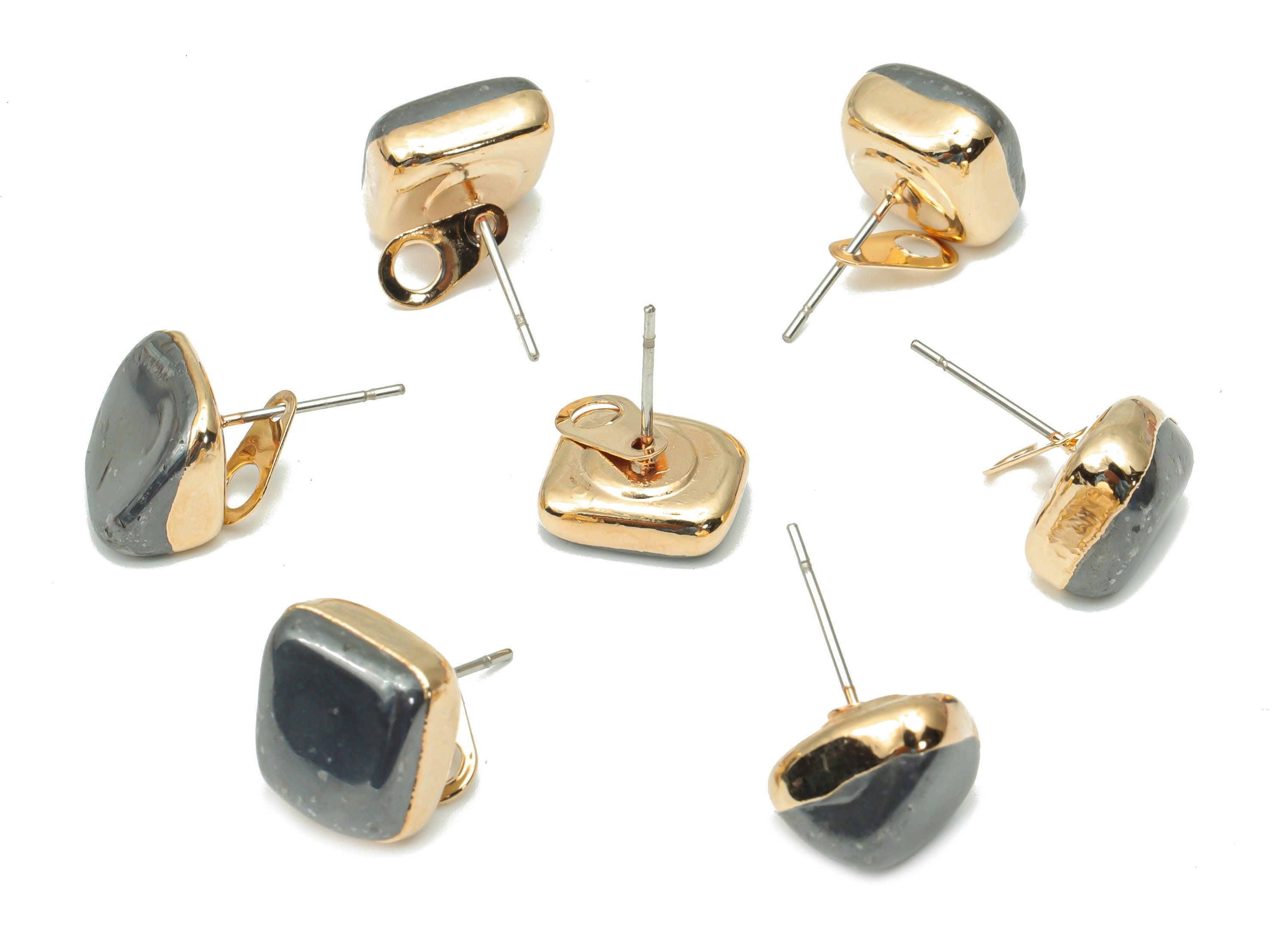 Terahertz Earring Stud with Loop - Natural Stone Earring Post - Gold Tone Plated Stone – 316 Surgical Stainless Steel - 14x10x8mm – NS1762S - DOMEDBAZAAR