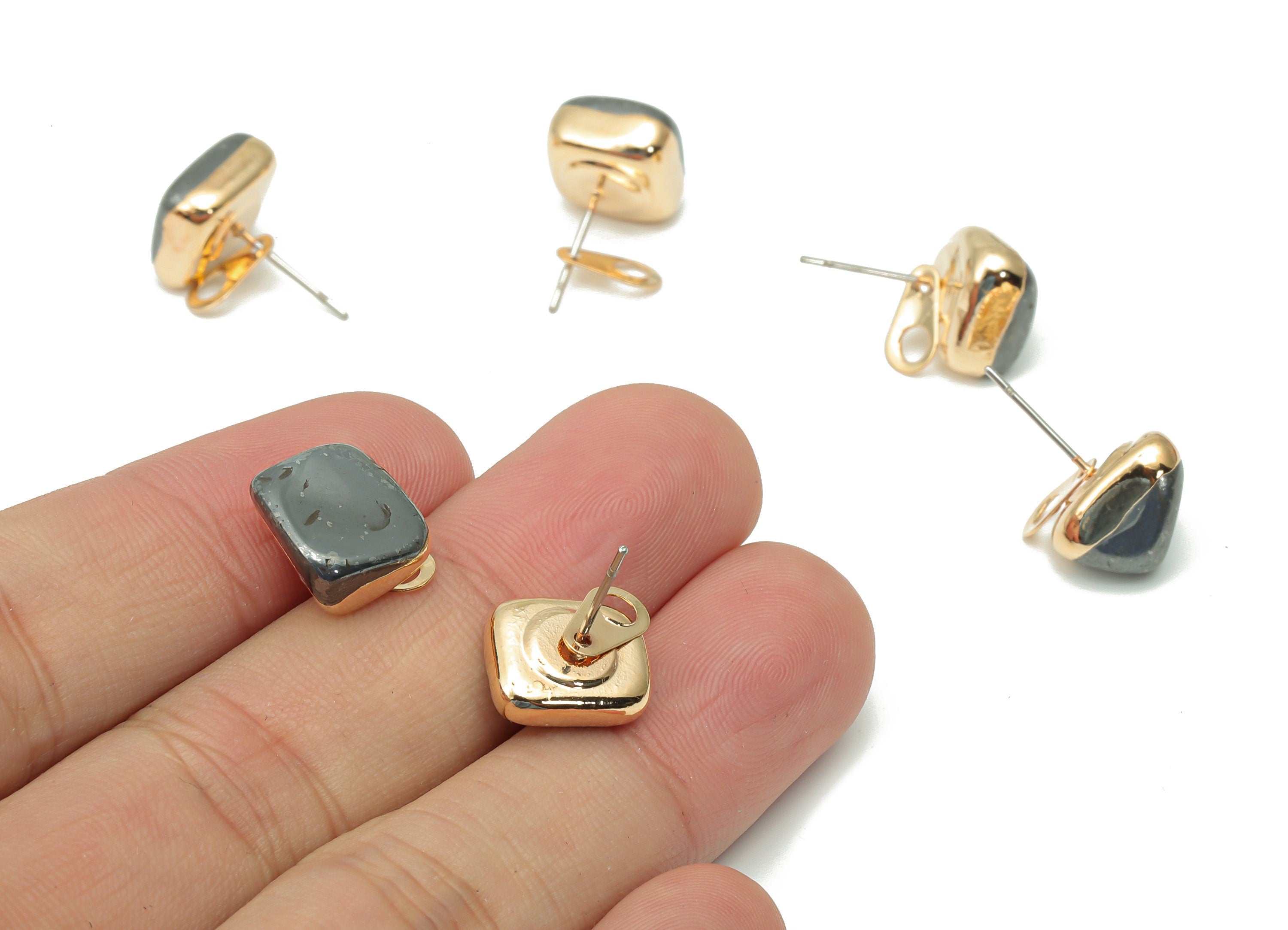 Terahertz Earring Stud with Loop - Natural Stone Earring Post - Gold Tone Plated Stone – 316 Surgical Stainless Steel - 14x10x8mm – NS1762S - DOMEDBAZAAR