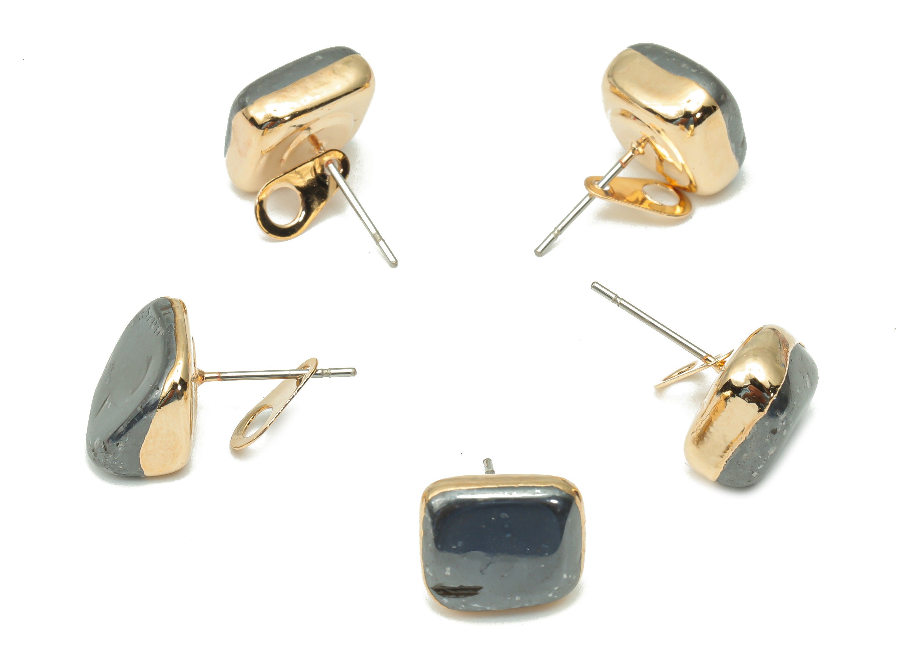 Terahertz Earring Stud with Loop - Natural Stone Earring Post - Gold Tone Plated Stone – 316 Surgical Stainless Steel - 14x10x8mm – NS1762S - DOMEDBAZAAR
