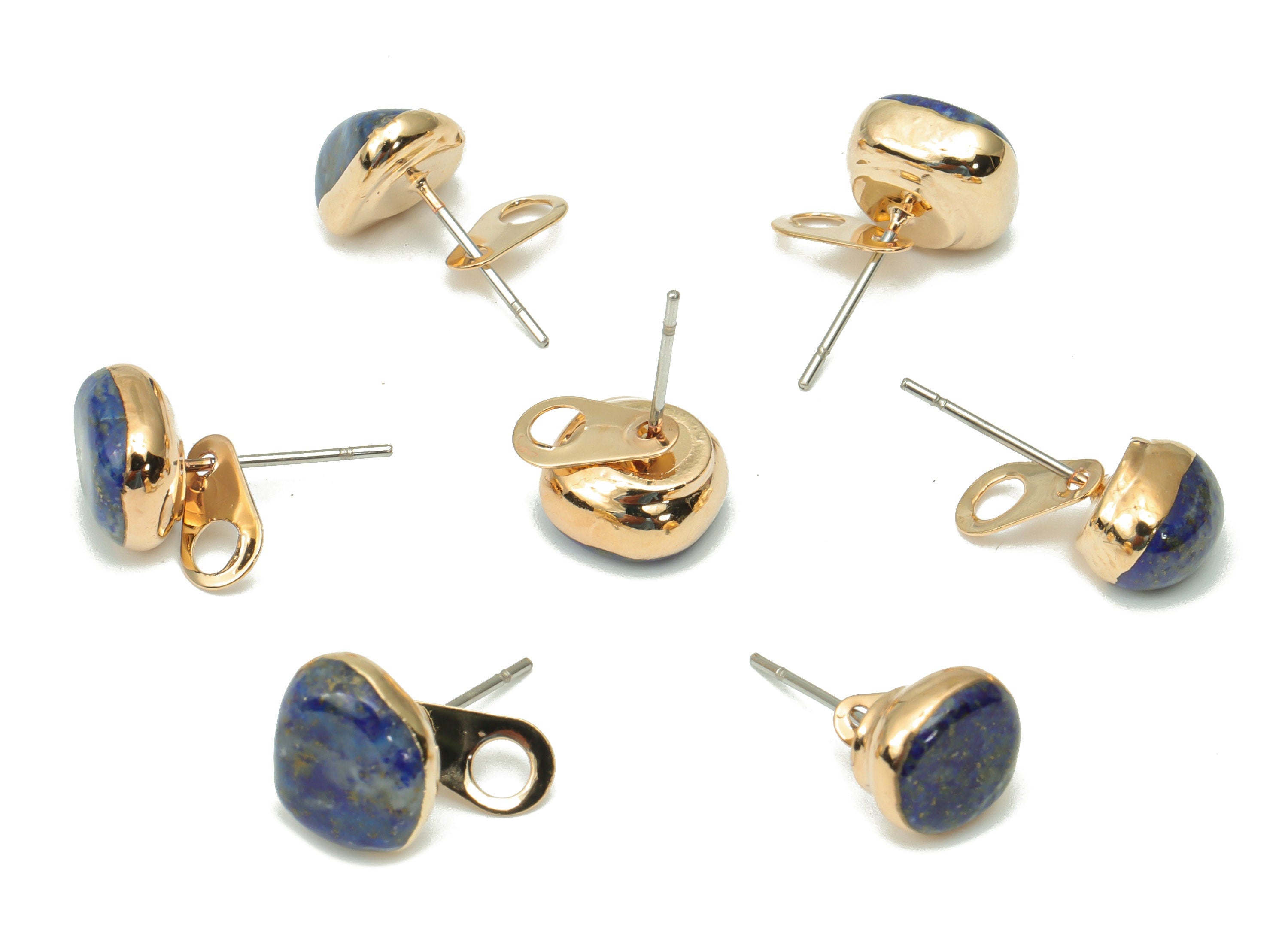 Aquamarine Earring Stud with Loop - Natural Stone Earring Post - Gold Tone Plated Stone – 316 Surgical Stainless Steel - 10x10x6mm– NS1762T - DOMEDBAZAAR
