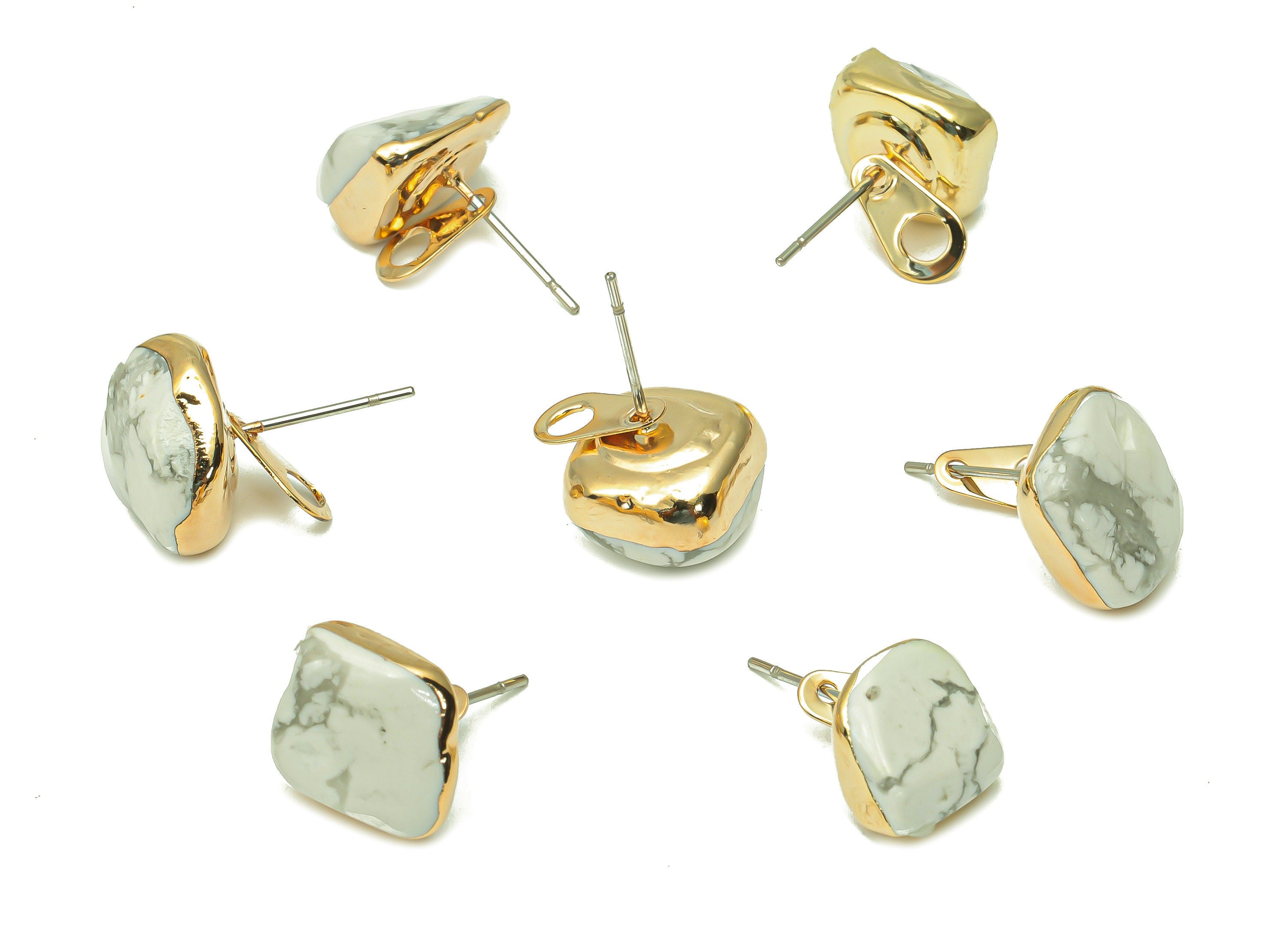 Howlite Earring Stud with Loop - Natural Stone Earring Post - Gold Tone Plated Stone – 316 Surgical Stainless Steel - 9.2x8.8x6mm – NS1762N - DOMEDBAZAAR