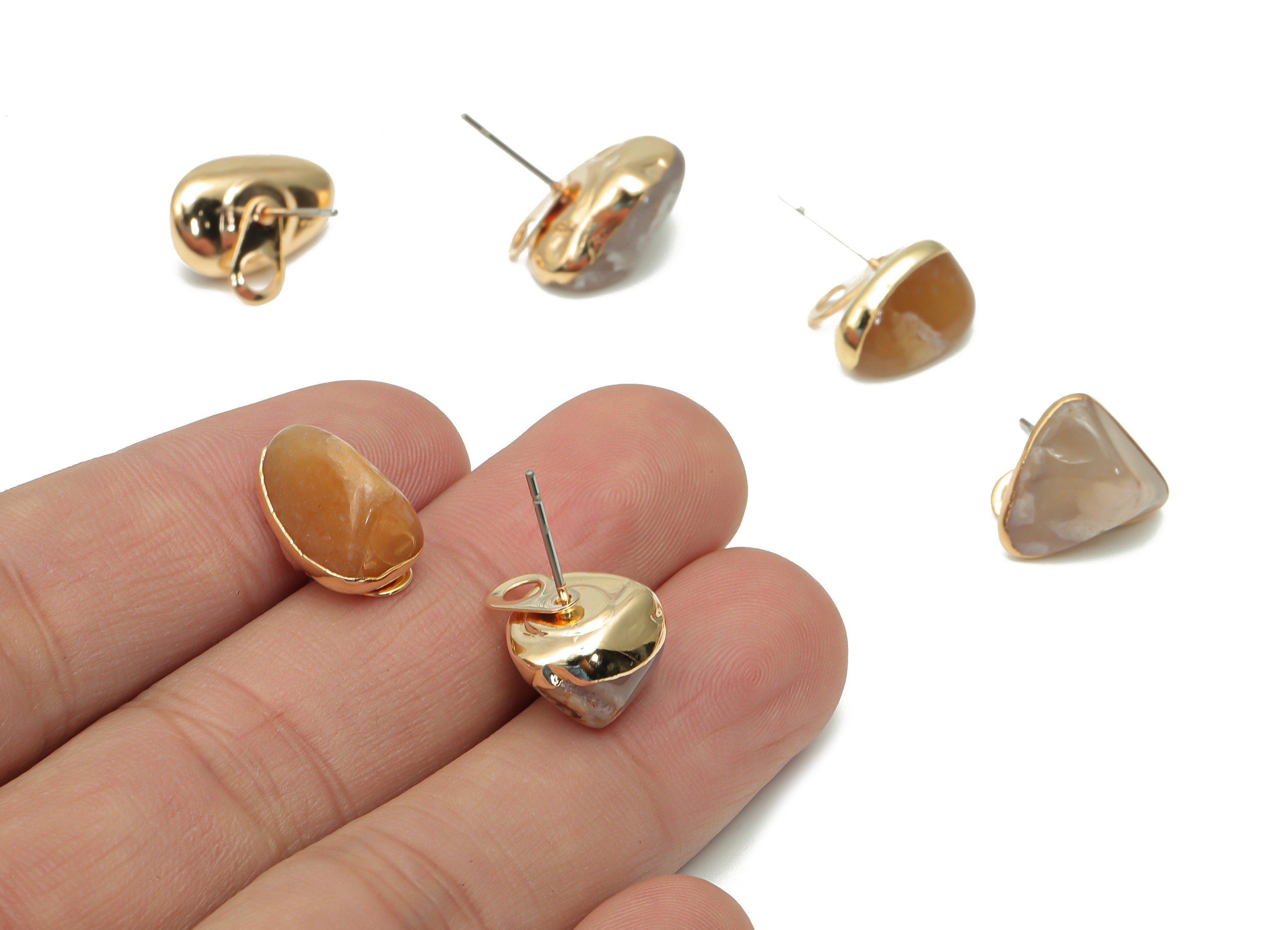 Flower Agate Stud with Loop - Natural Stone Earring Post - Gold Tone Plated Stone – 316 Surgical Stainless Steel - 9.64x8.8x4.7mm – NS1762L - DOMEDBAZAAR