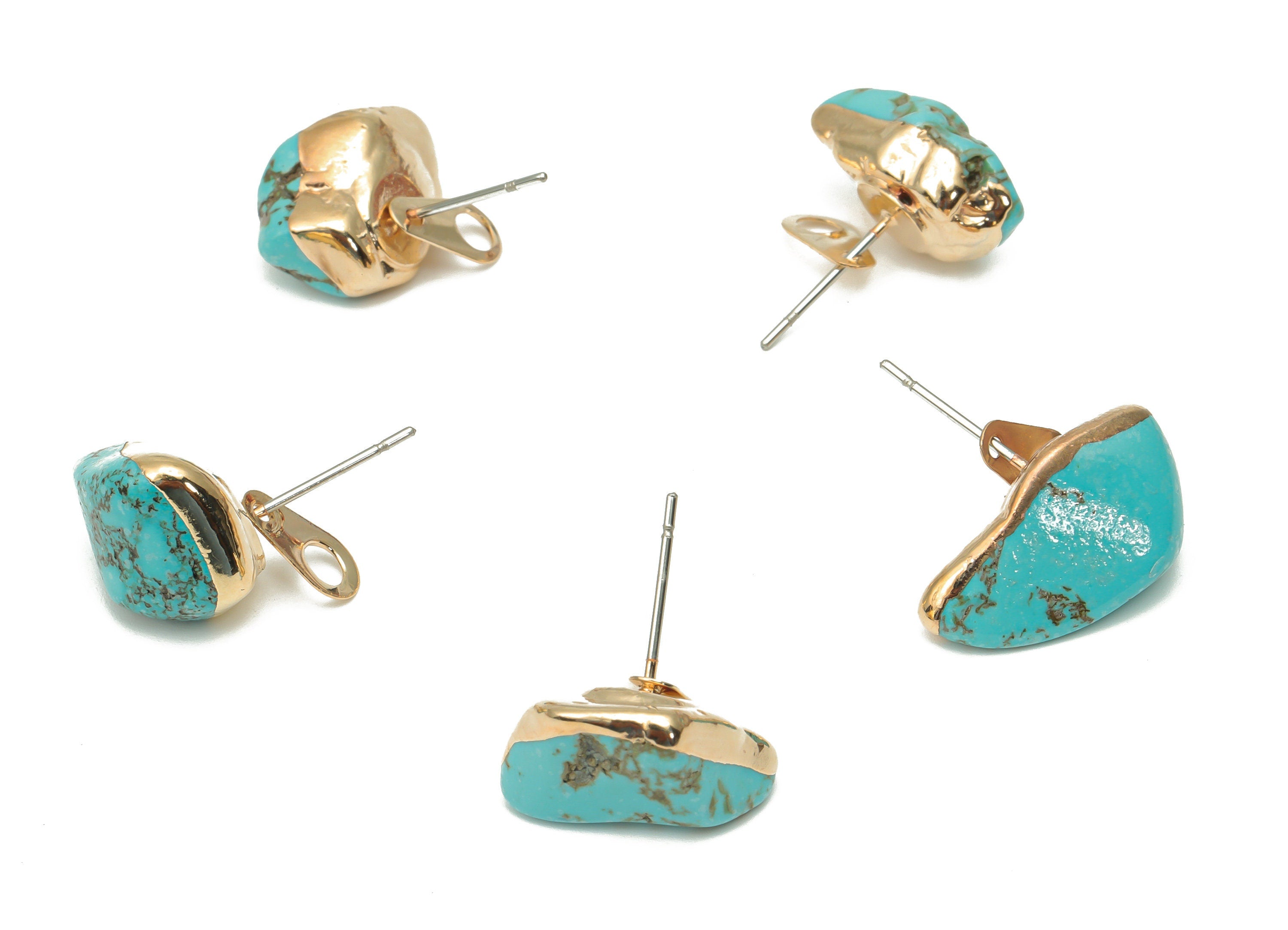 Turquoise Stud with Loop - Natural Stone Earring Post - Gold Tone Plated Stone – 316 Surgical Stainless Steel - 14.87x10.88x9.1mm – NS1762Y - DOMEDBAZAAR