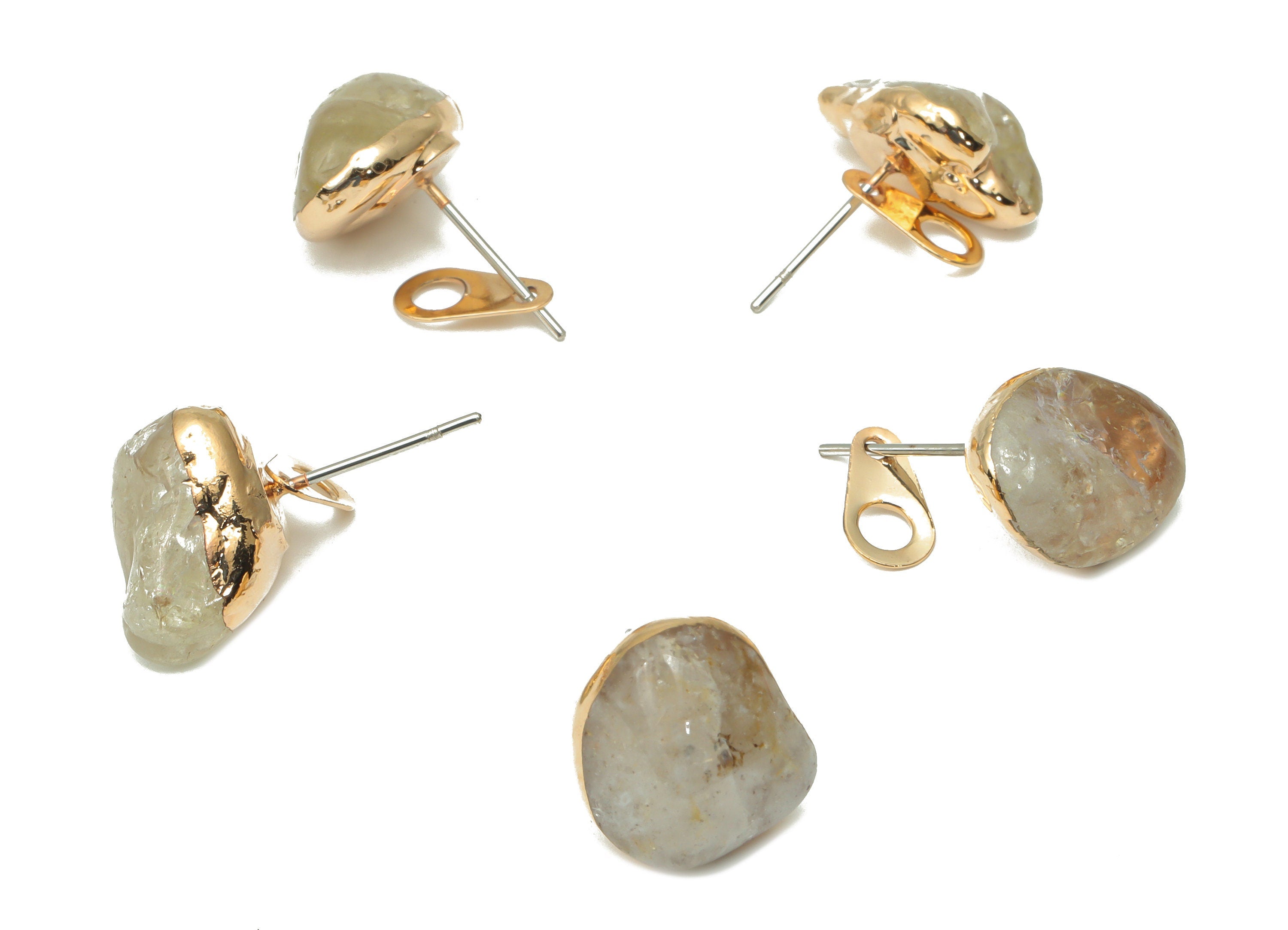 Citrine Earring Stud with Loop - Natural Stone Earring Post - Gold Tone Plated Stone – 316 Surgical Stainless Steel - 13.5x10x8mm – NS1762R - DOMEDBAZAAR