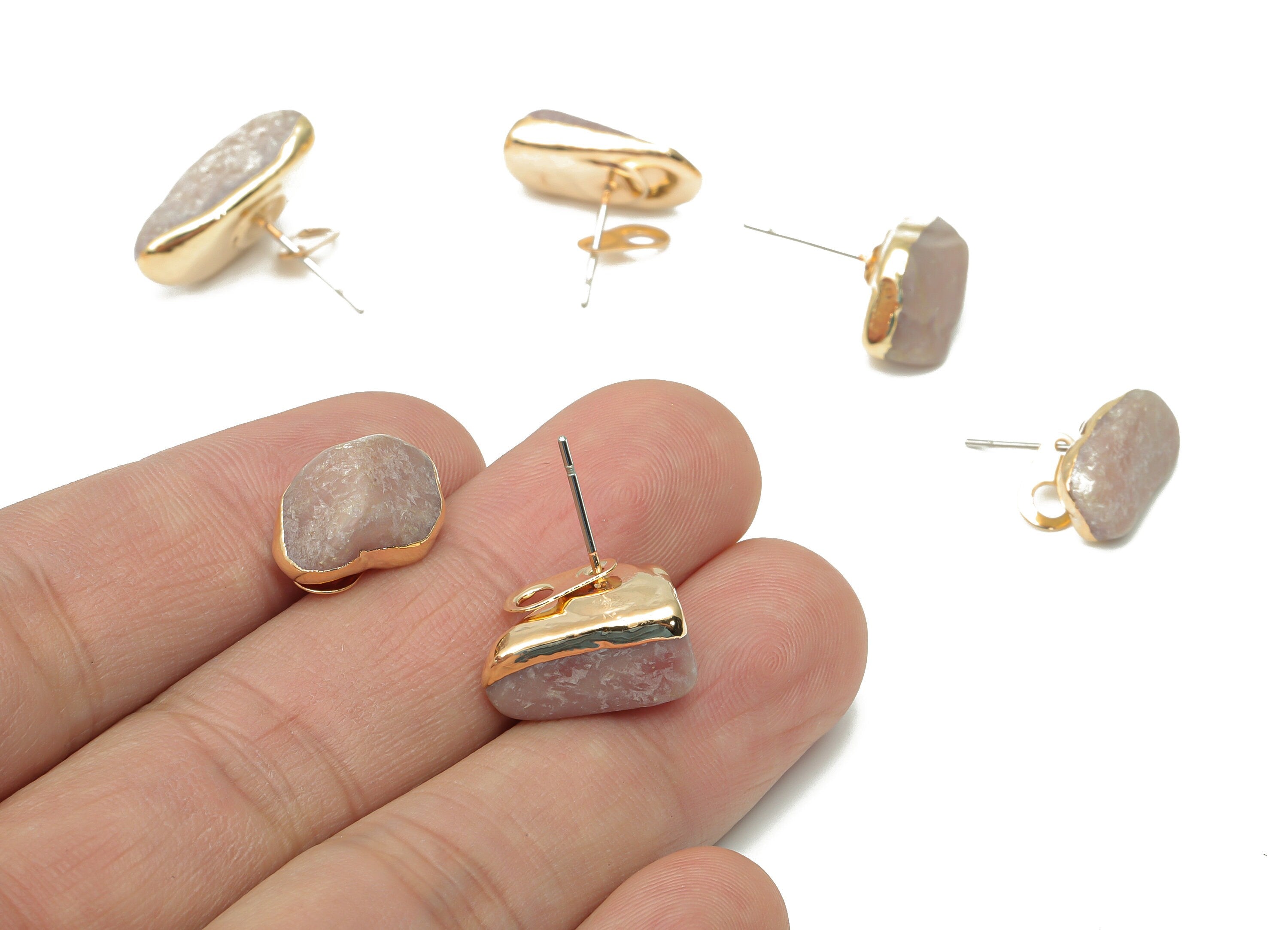 Kunzite Earring Stud with Loop - Natural Stone Earring Post - Gold Tone Plated Stone – 316 Surgical Stainless Steel - 14.1x10x6mm – NS1762M - DOMEDBAZAAR