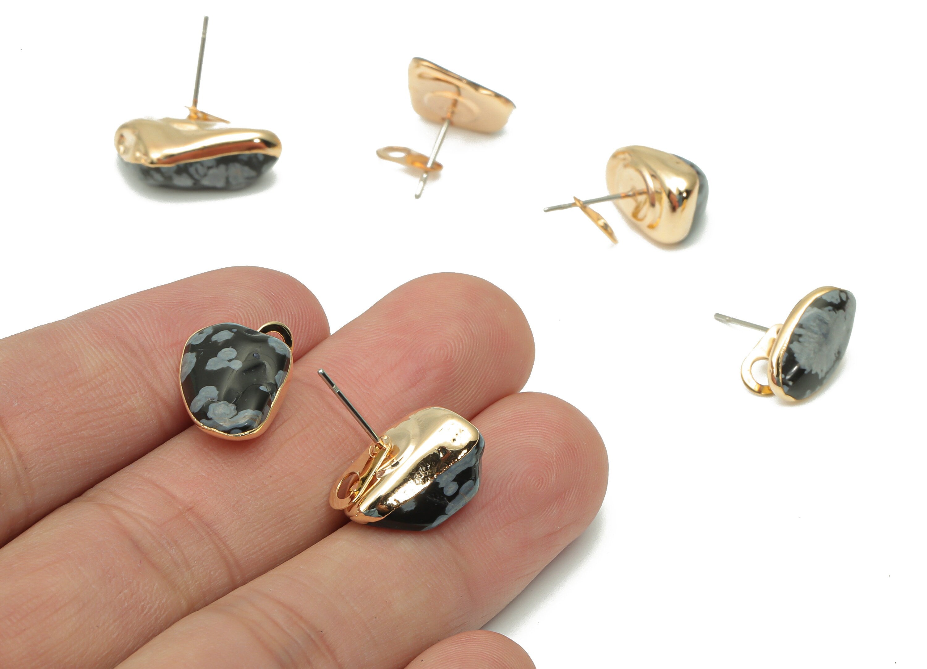 Snow Flake Obsidian Stud with Loop - Natural Stone Earring Post - Gold Tone Plated Stone – 316 Surgical Stainless Steel - 15x10x5mm–NS1762K - DOMEDBAZAAR