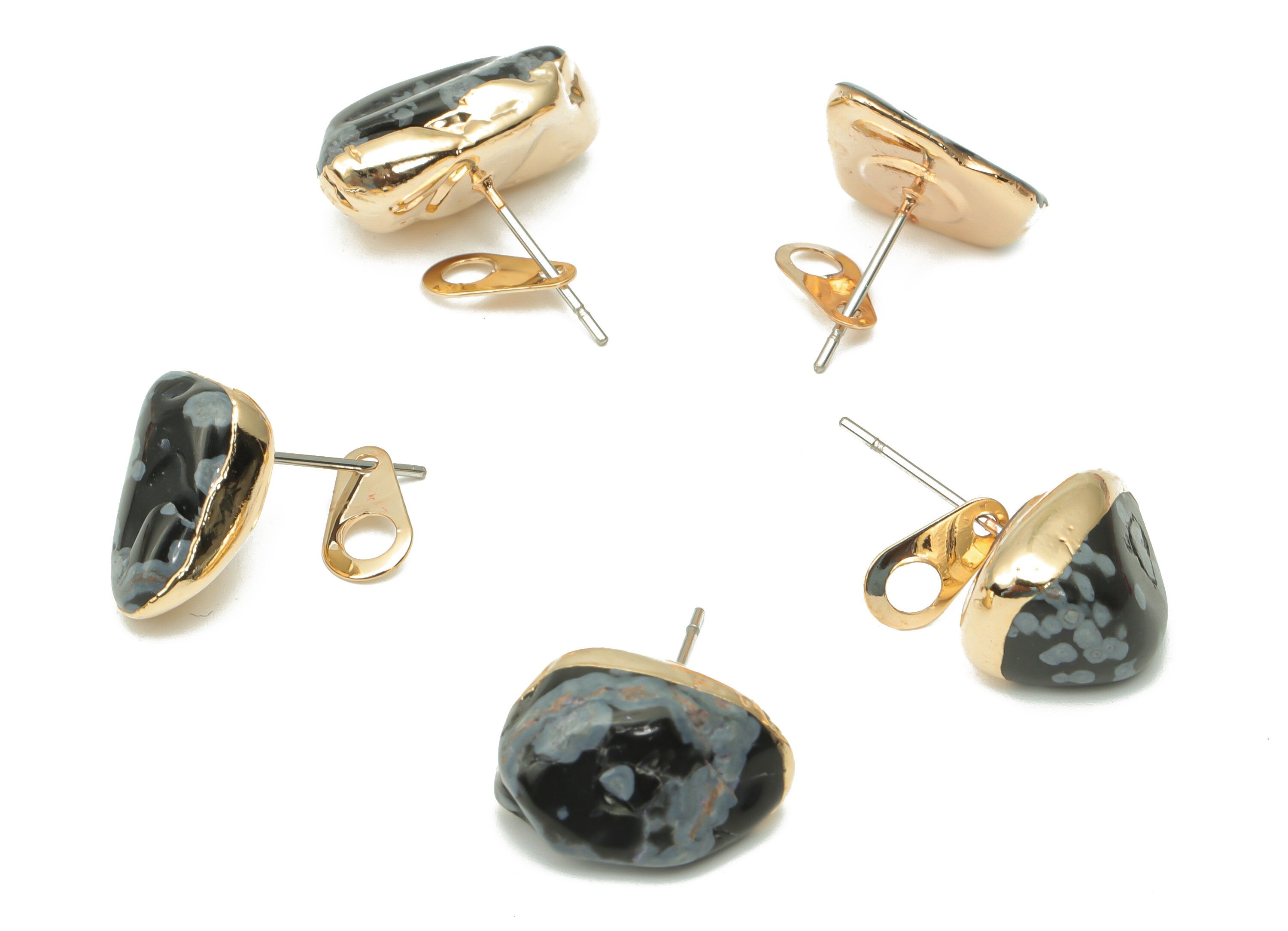 Snow Flake Obsidian Stud with Loop - Natural Stone Earring Post - Gold Tone Plated Stone – 316 Surgical Stainless Steel - 15x10x5mm–NS1762K - DOMEDBAZAAR