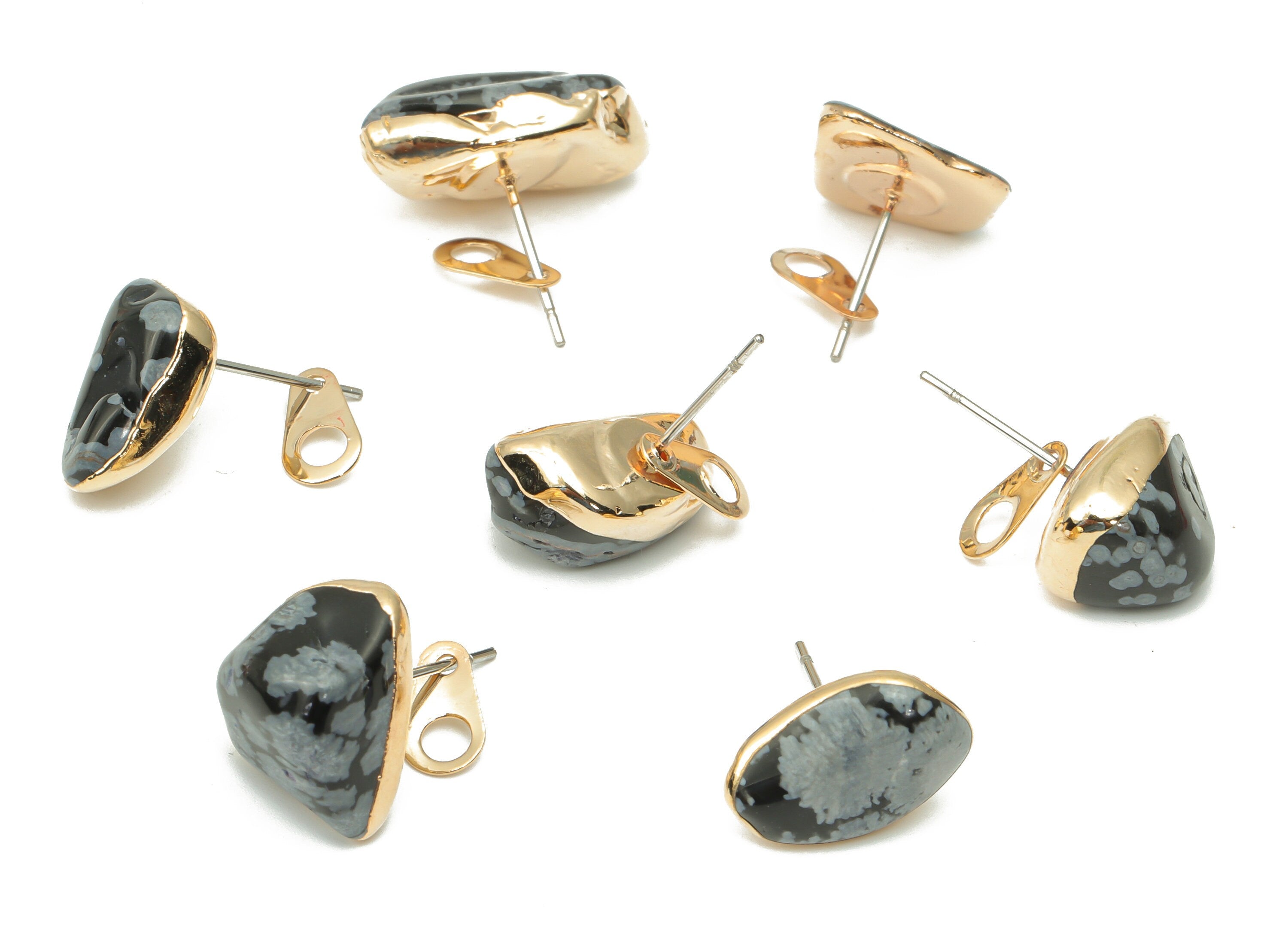 Snow Flake Obsidian Stud with Loop - Natural Stone Earring Post - Gold Tone Plated Stone – 316 Surgical Stainless Steel - 15x10x5mm–NS1762K - DOMEDBAZAAR