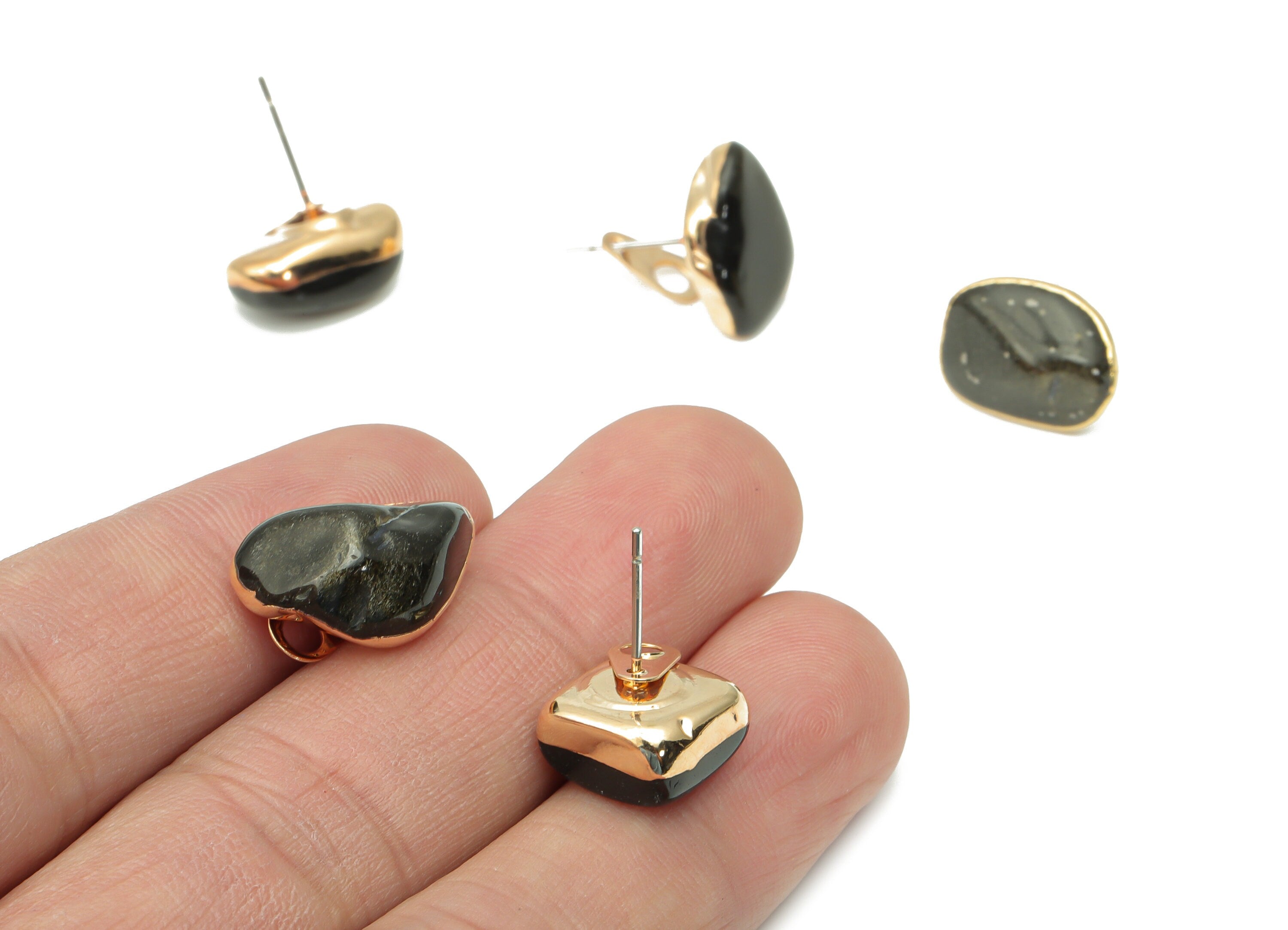 Golden Obsidian Stud with Loop - Natural Stone Earring Post - Gold Tone Plated Stone – 316 Surgical Stainless Steel - 15.2x10x7mm – NS1762D - DOMEDBAZAAR