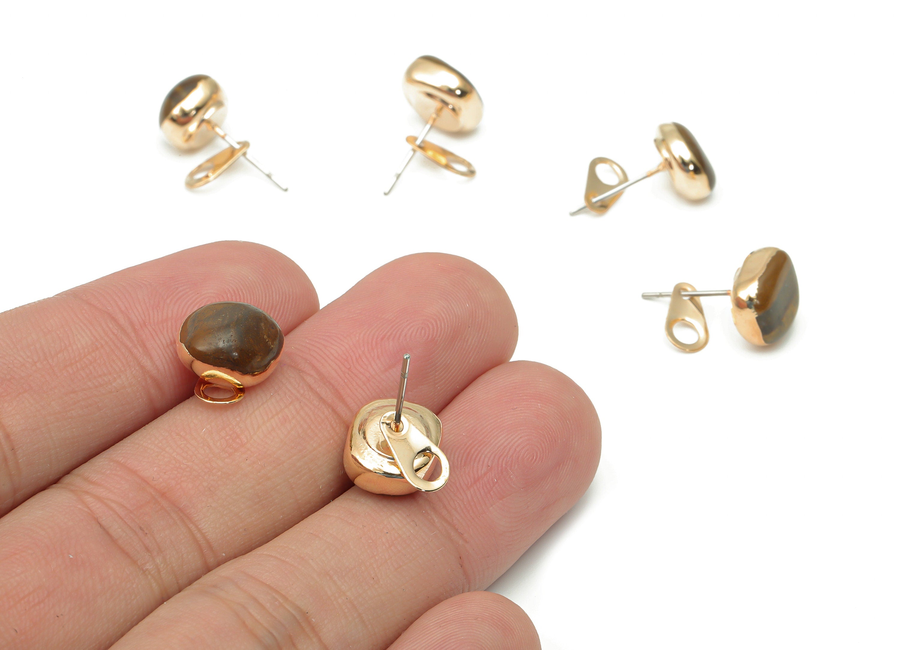 Tigers Eye Stud with Loop - Natural Stone Earring Post - Gold Tone Plated Stone – 316 Surgical Stainless Steel - 8.88x7.95x5.92mm – NS1762V - DOMEDBAZAAR