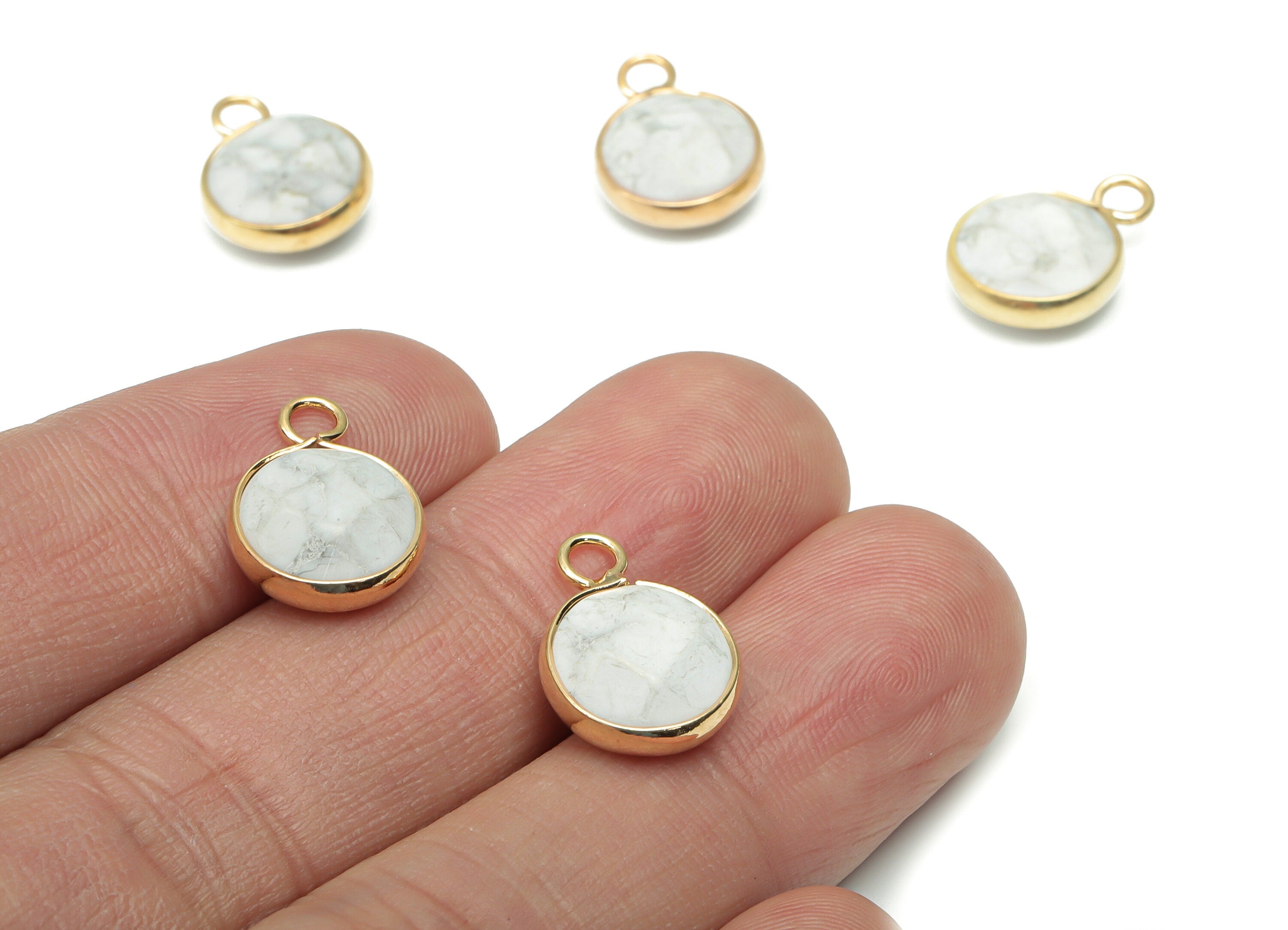 Howlite Faceted Round Earring Charms - Brass Circle Pendant - Natural Stone - Gold Tone Plated Brass – 15.3x11.3x5.5mm – NS1685E - DOMEDBAZAAR