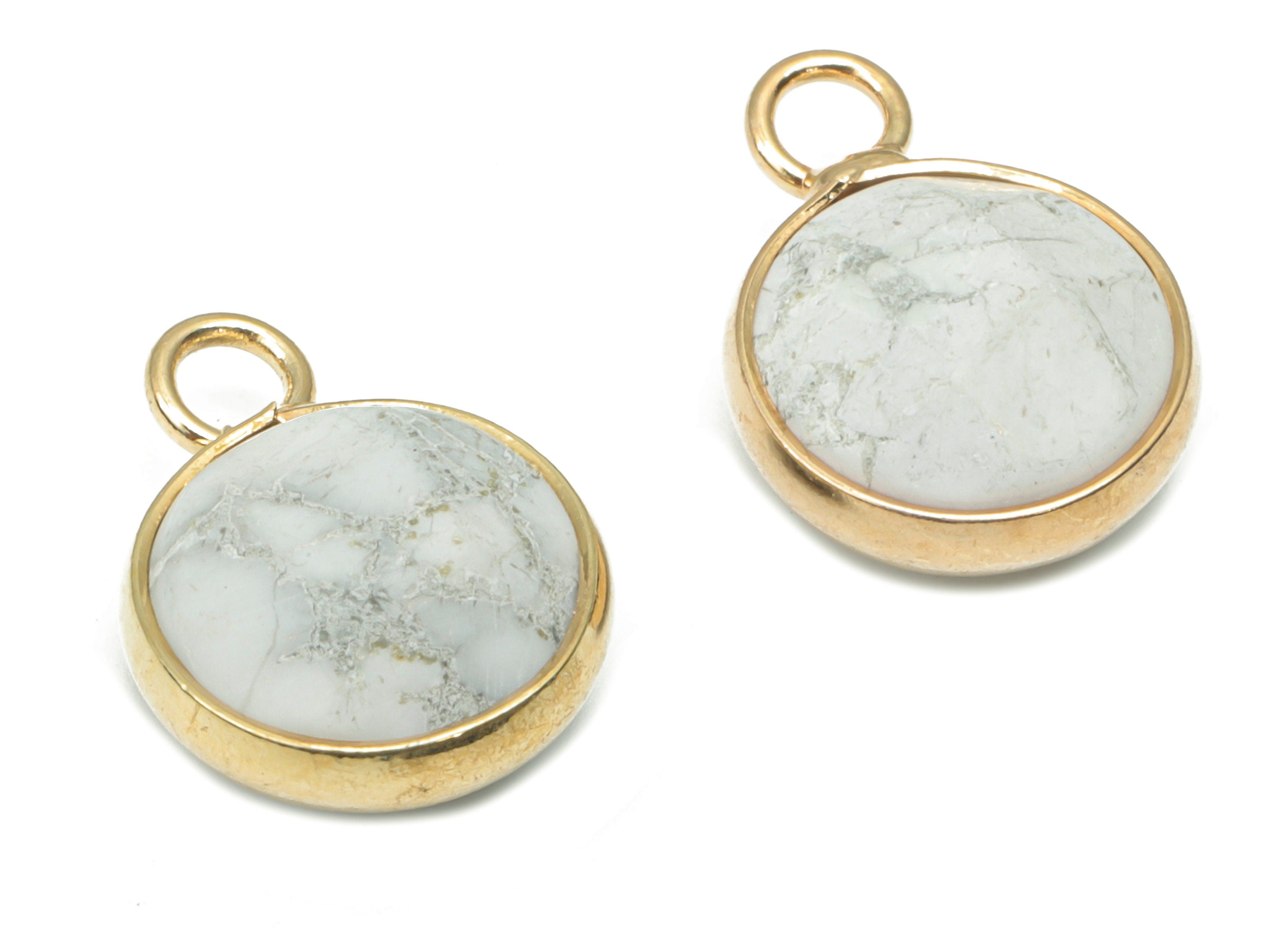 Howlite Faceted Round Earring Charms - Brass Circle Pendant - Natural Stone - Gold Tone Plated Brass – 15.3x11.3x5.5mm – NS1685E - DOMEDBAZAAR