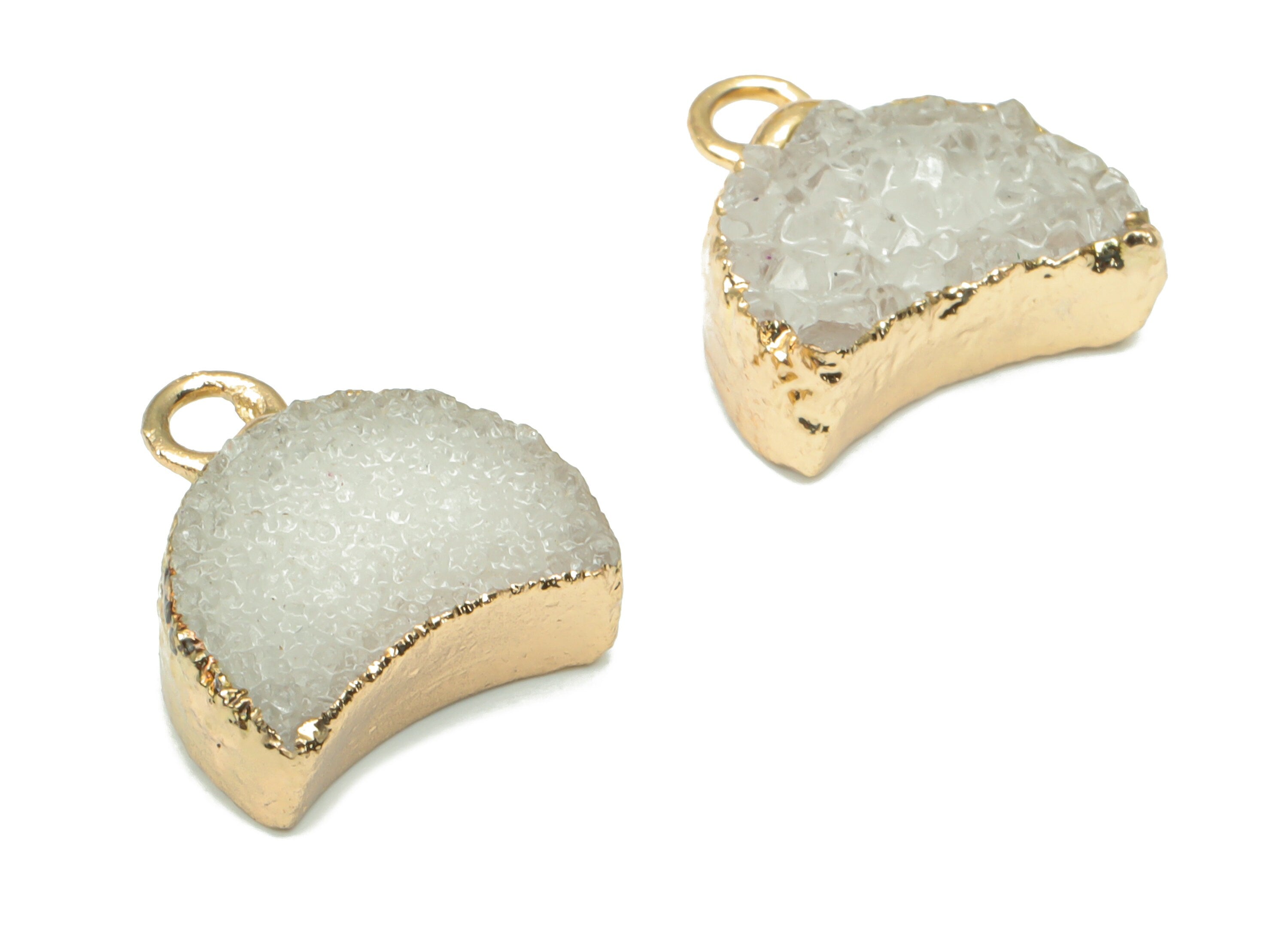 White Cluster Crystal Druzy Earring Charms - Brass Crescent Pendant - Natural Stone - Gold Tone Plated Brass – 14.4x12.91x4.62mm – NS1680A - DOMEDBAZAAR