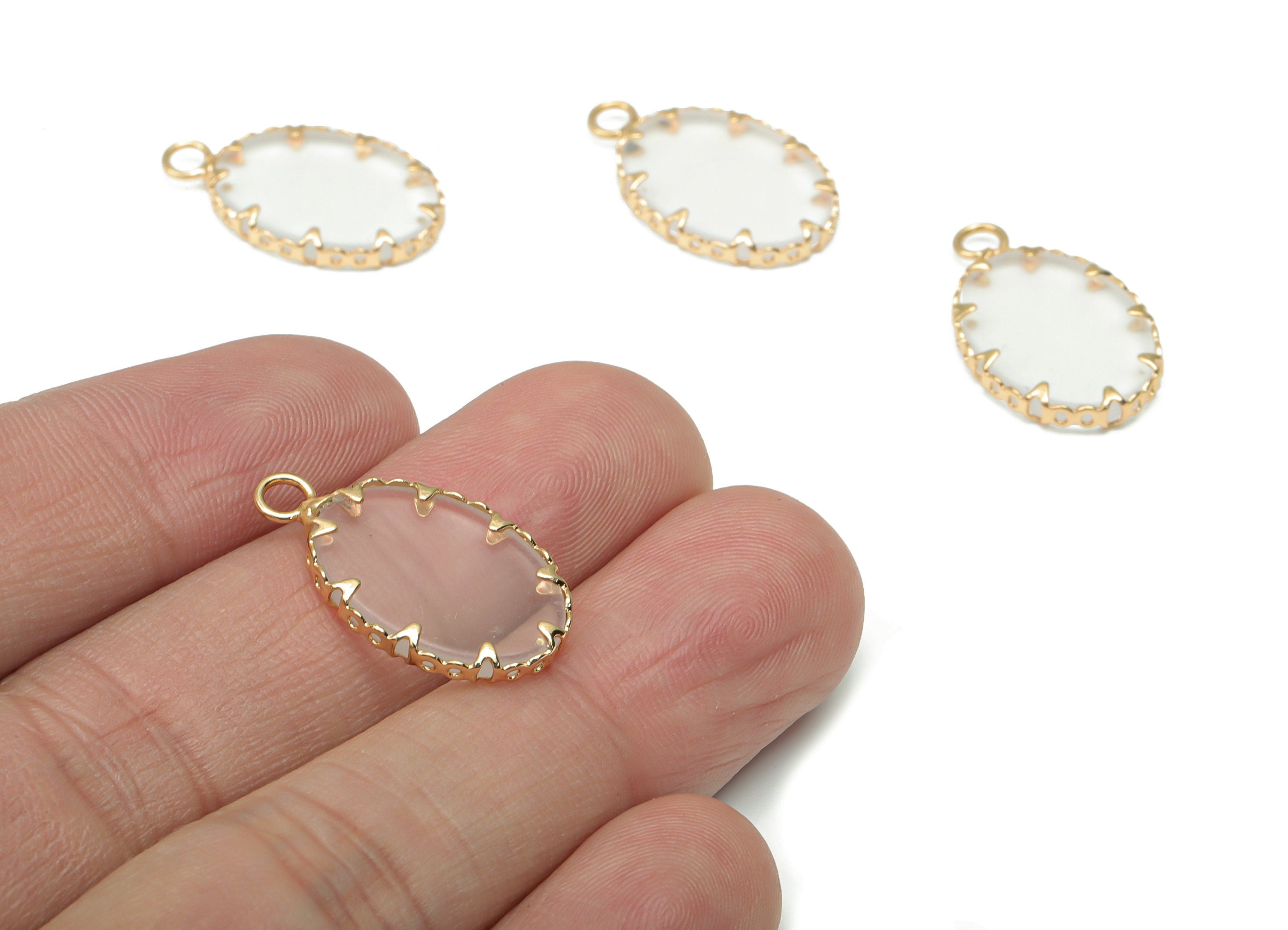 Clear Quartz Crystal Oval Earring Charms - Brass Oval Pendant - Natural Stone - Gold Tone Plated Brass – 23.42x14.3x2.89mm – NS1684B - DOMEDBAZAAR