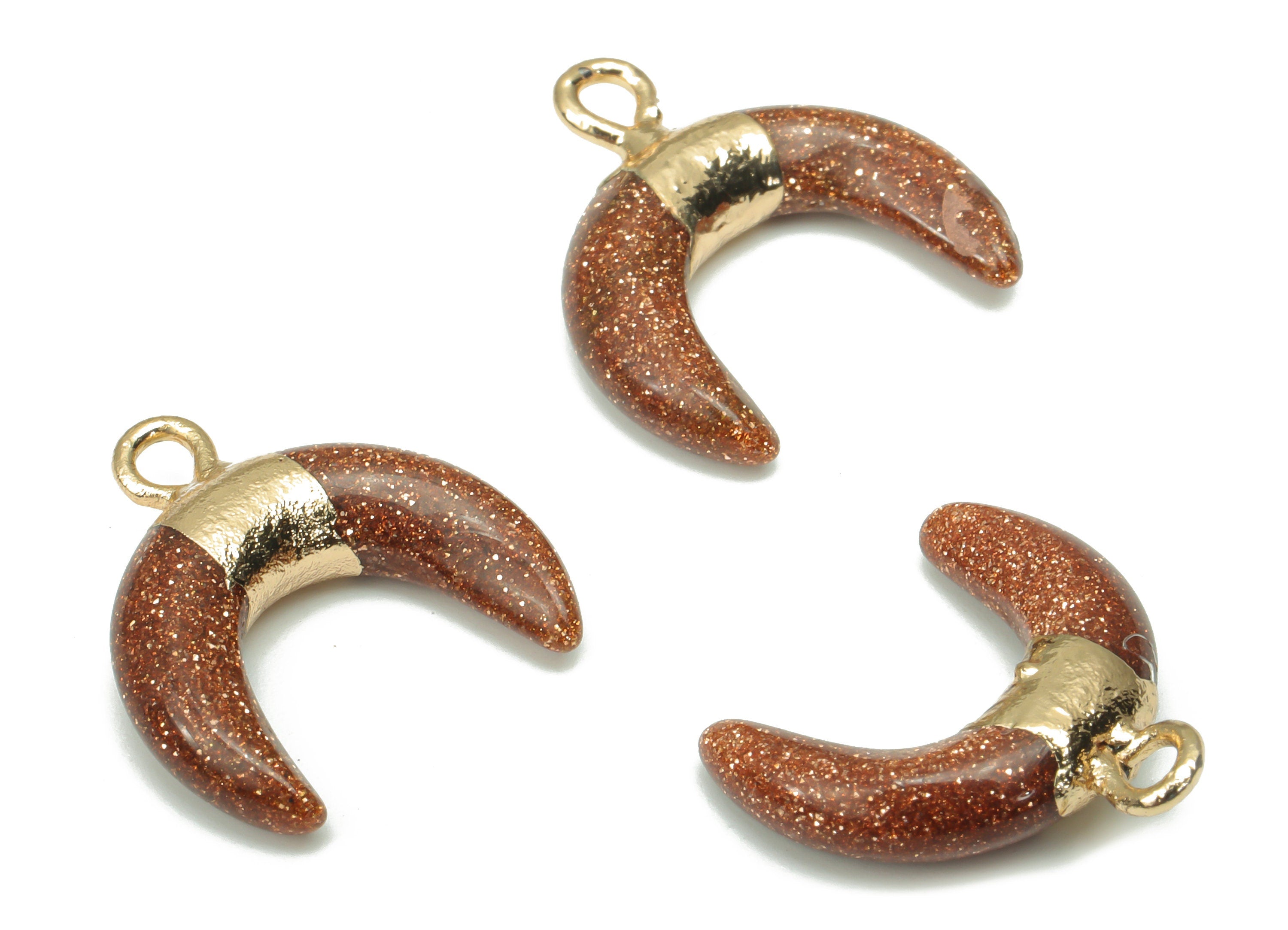 Goldstone Ox Horn Charms - Brass Crescent Pendant - Natural Stone - Gold Tone Plated Brass – Jewelry Supplies - 16.98x15.97x3.66mm – NS1686A - DOMEDBAZAAR