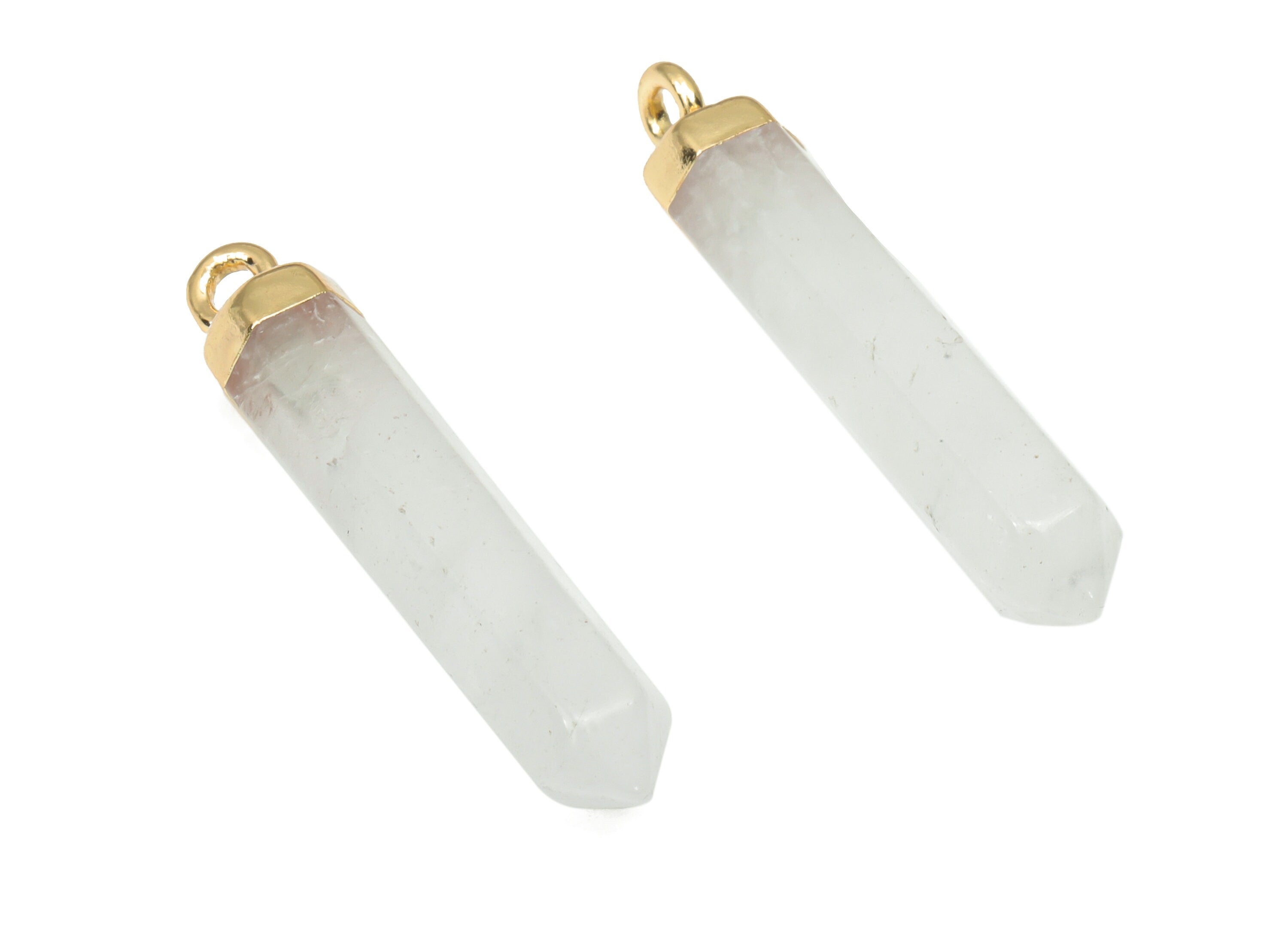 Clear Quartz Crystal Spike Earring Charms - Iron Long Tower Pendant - Gold Tone Plated Iron – Jewelry Supplies - 31.7x5.68x5.68mm – NS1763A - DOMEDBAZAAR