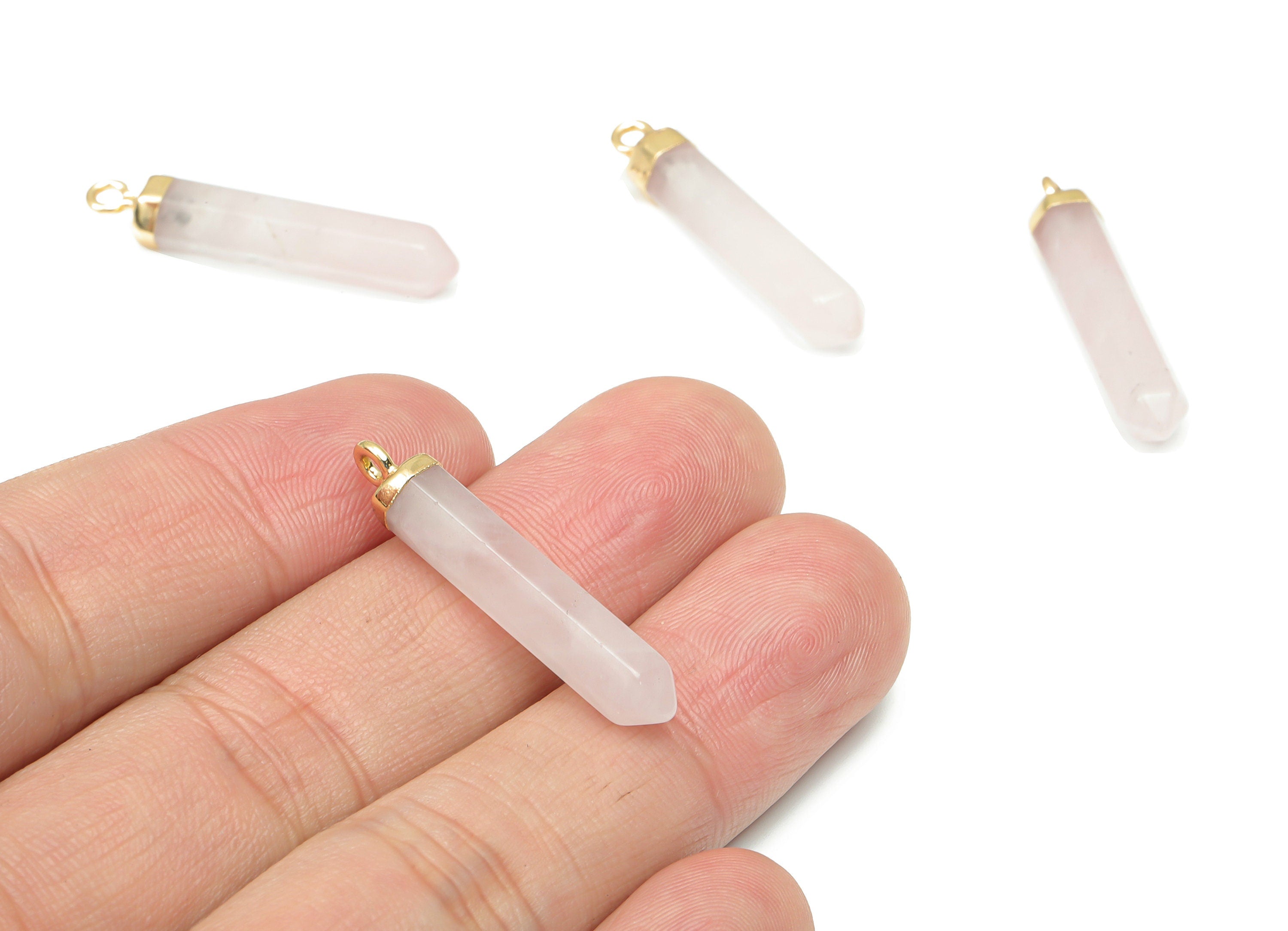 Rose Quartz Crystal Spike Earring Charms - Iron Long Tower Pendant - Gold Tone Plated Iron – Jewelry Supplies - 31.7x5.68x5.68mm – NS1763F - DOMEDBAZAAR