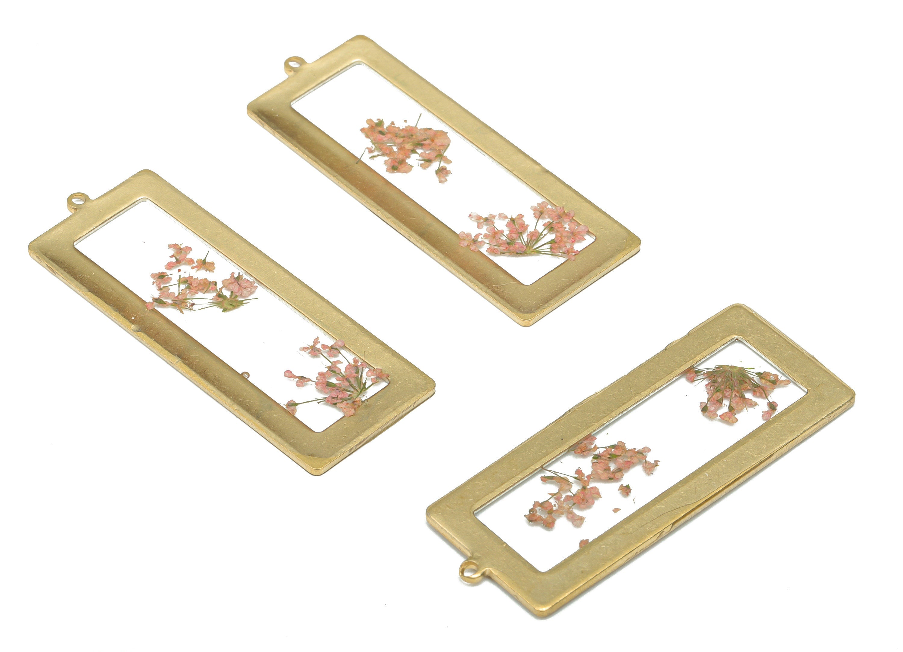 Brass Rectangle Earring Charms - Resin Tiny Real Flower Pendant - Raw Brass Charms - Resin Jewelry Charms - 40.17x15.28x1.28mm - RC1158B - DOMEDBAZAAR