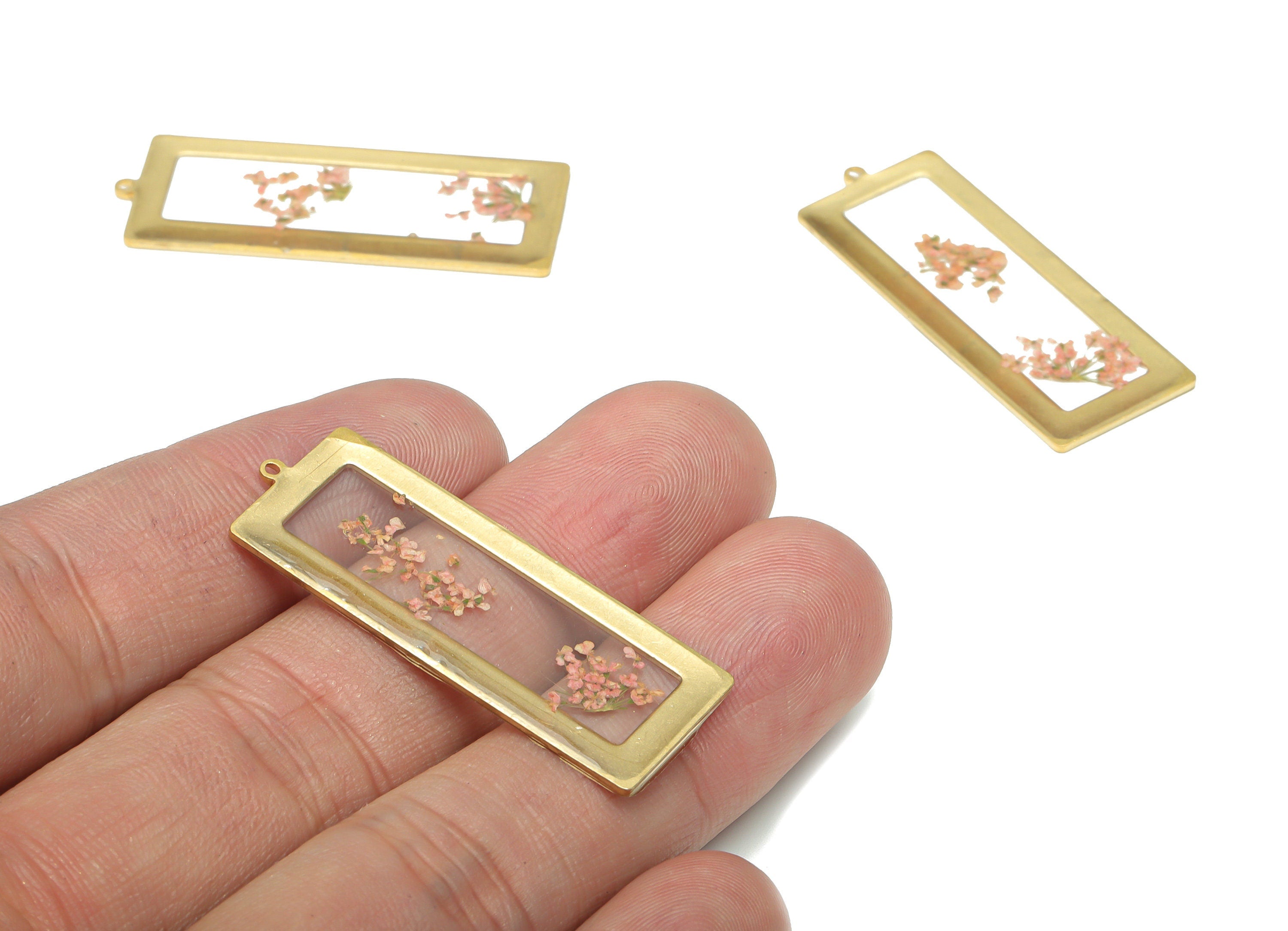 Brass Rectangle Earring Charms - Resin Tiny Real Flower Pendant - Raw Brass Charms - Resin Jewelry Charms - 40.17x15.28x1.28mm - RC1158B - DOMEDBAZAAR