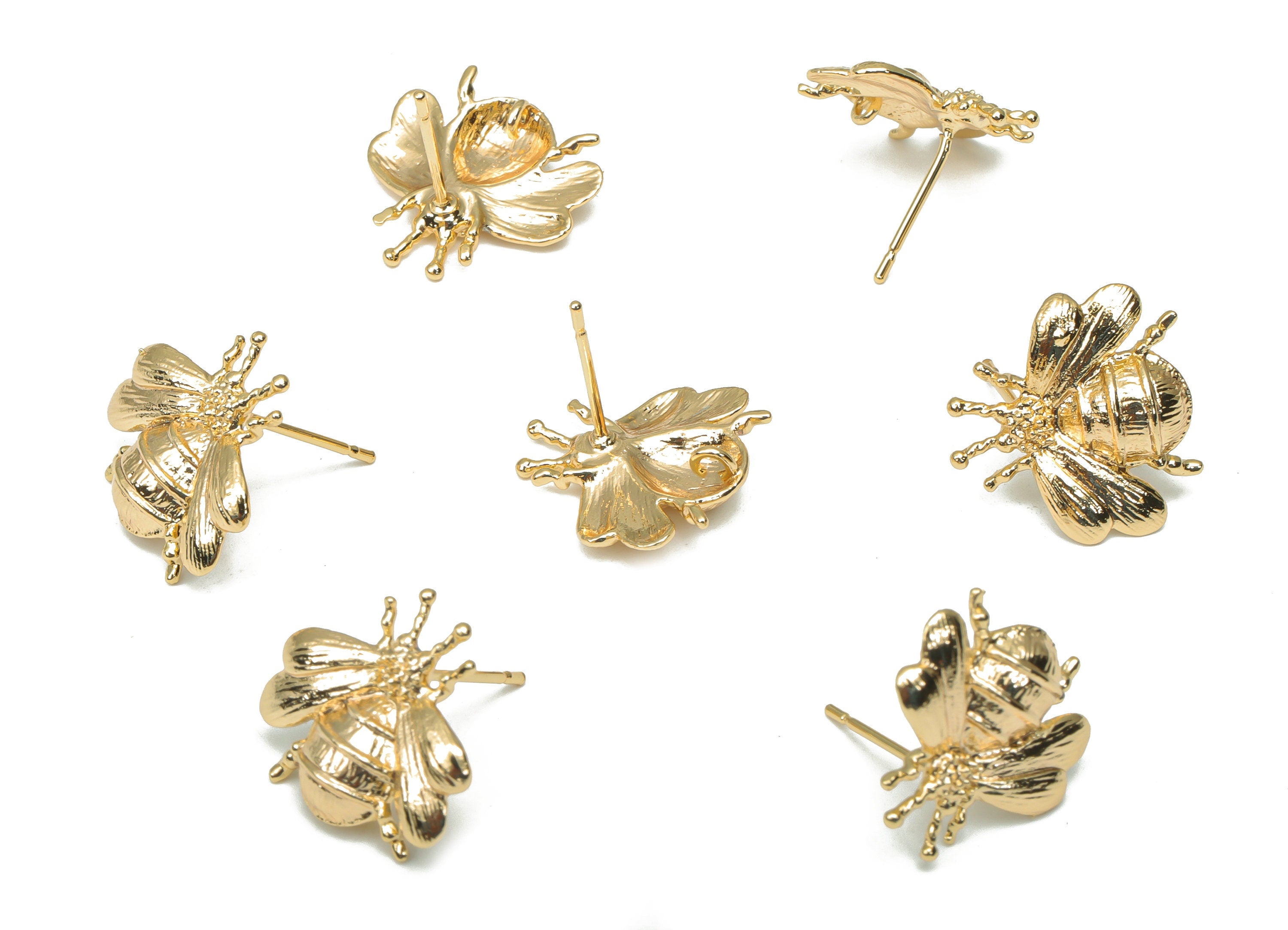 Brass Bee Earring Stud - Gold Bee Earring Post - 316 Surgical Stainless Steel Stud - 18k Real Gold Plated Brass - 15.69x16.1x2.4mm - RGP4351 - DOMEDBAZAAR