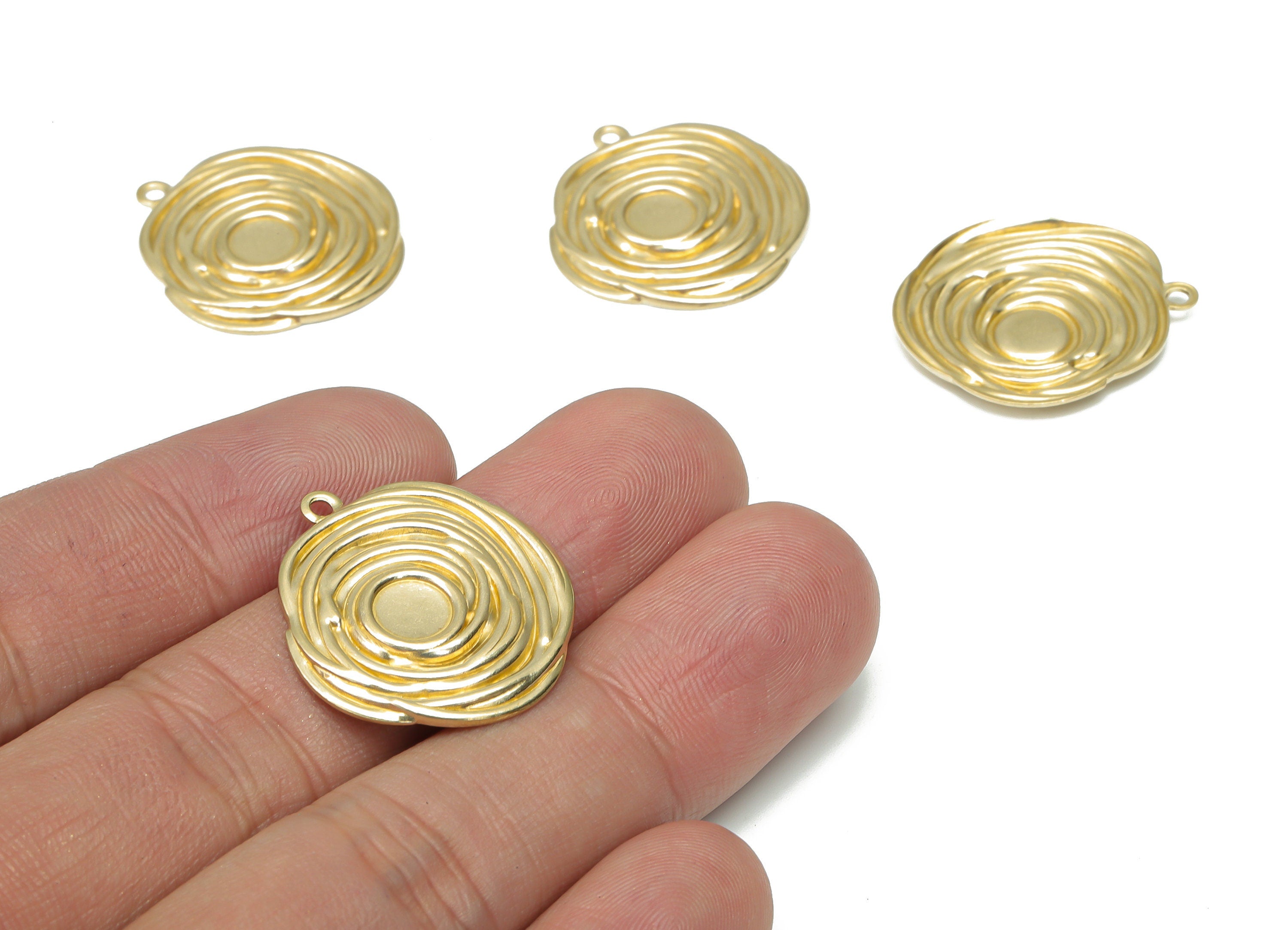 Brass Relief Spiral Flower Earring Charms - Raw Brass Abstract Rose Pendant - Jewelry Making Supplies - 25.48x23.37x1.26mm - PP5197 - DOMEDBAZAAR