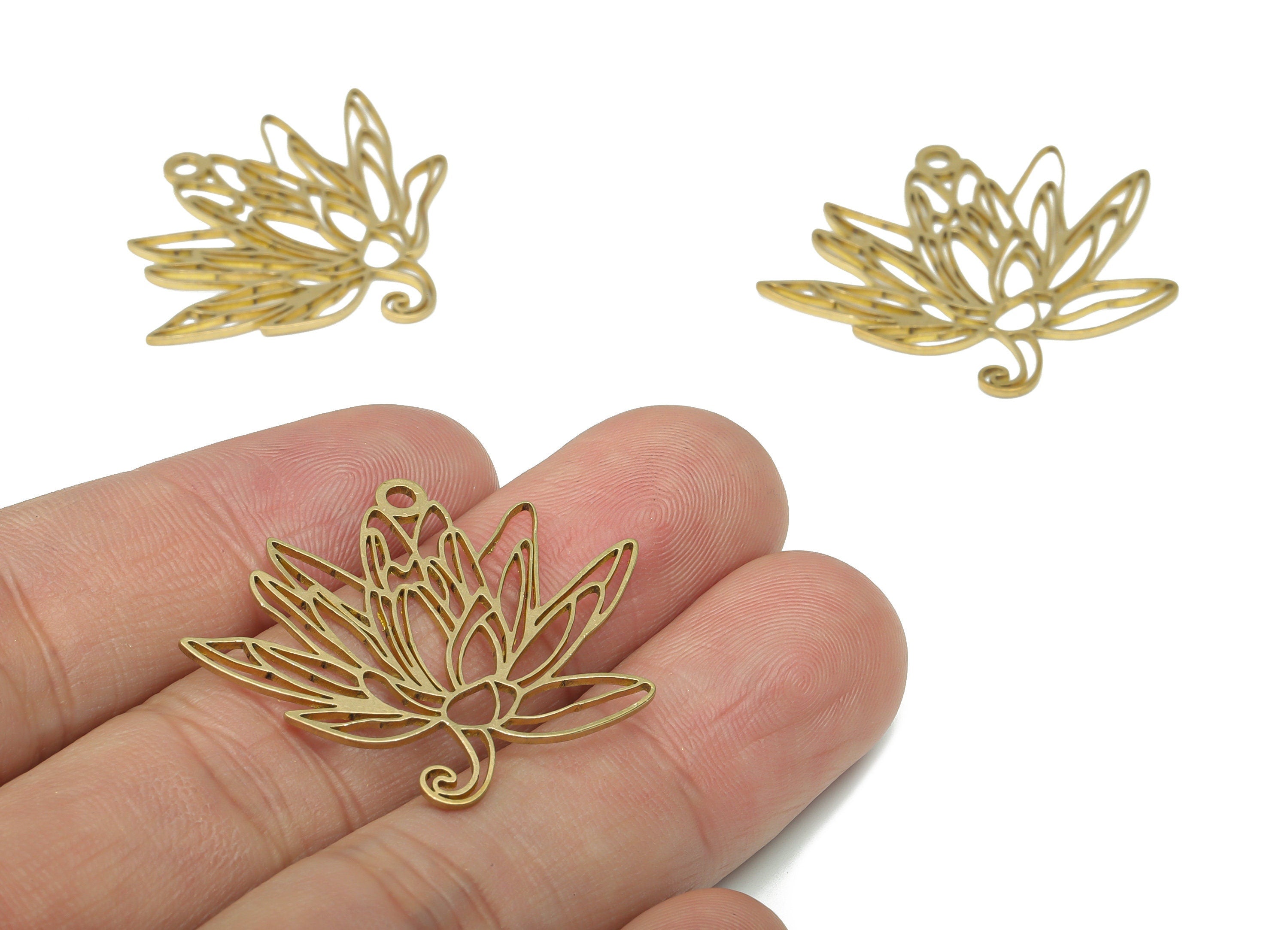 Brass Lotus Flower Earring Charms - Raw Brass Flower Pendant - DIY Jewelry Making Supplies - 33.51x30.71x0.76mm - PPA3425 - DOMEDBAZAAR