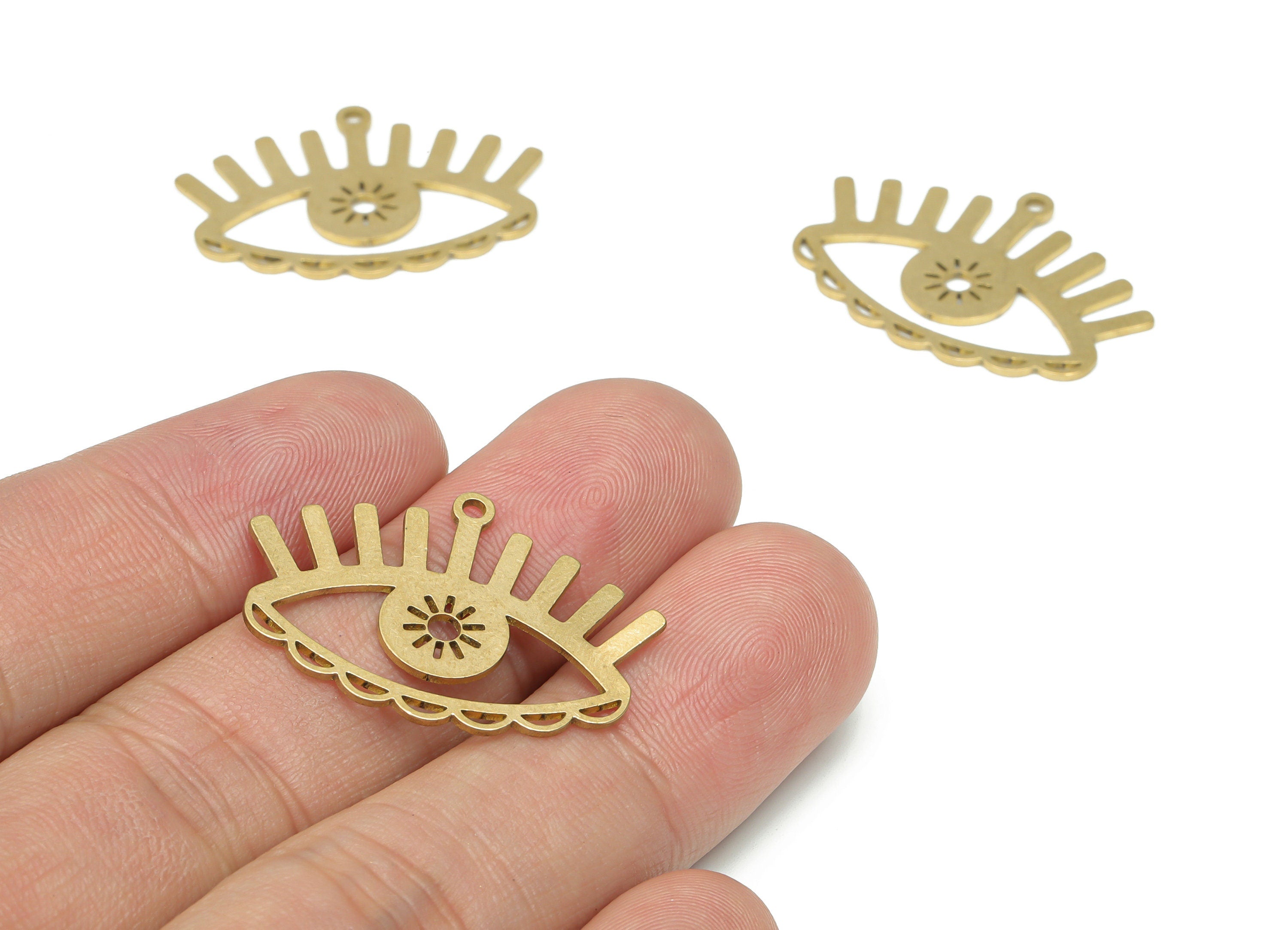 Brass Sun Eye Earring Charms - Raw Brass Eyelash Pendant - DIY Jewelry Making Supplies - 29.73x20.71x0.75mm - PPA3198 - DOMEDBAZAAR