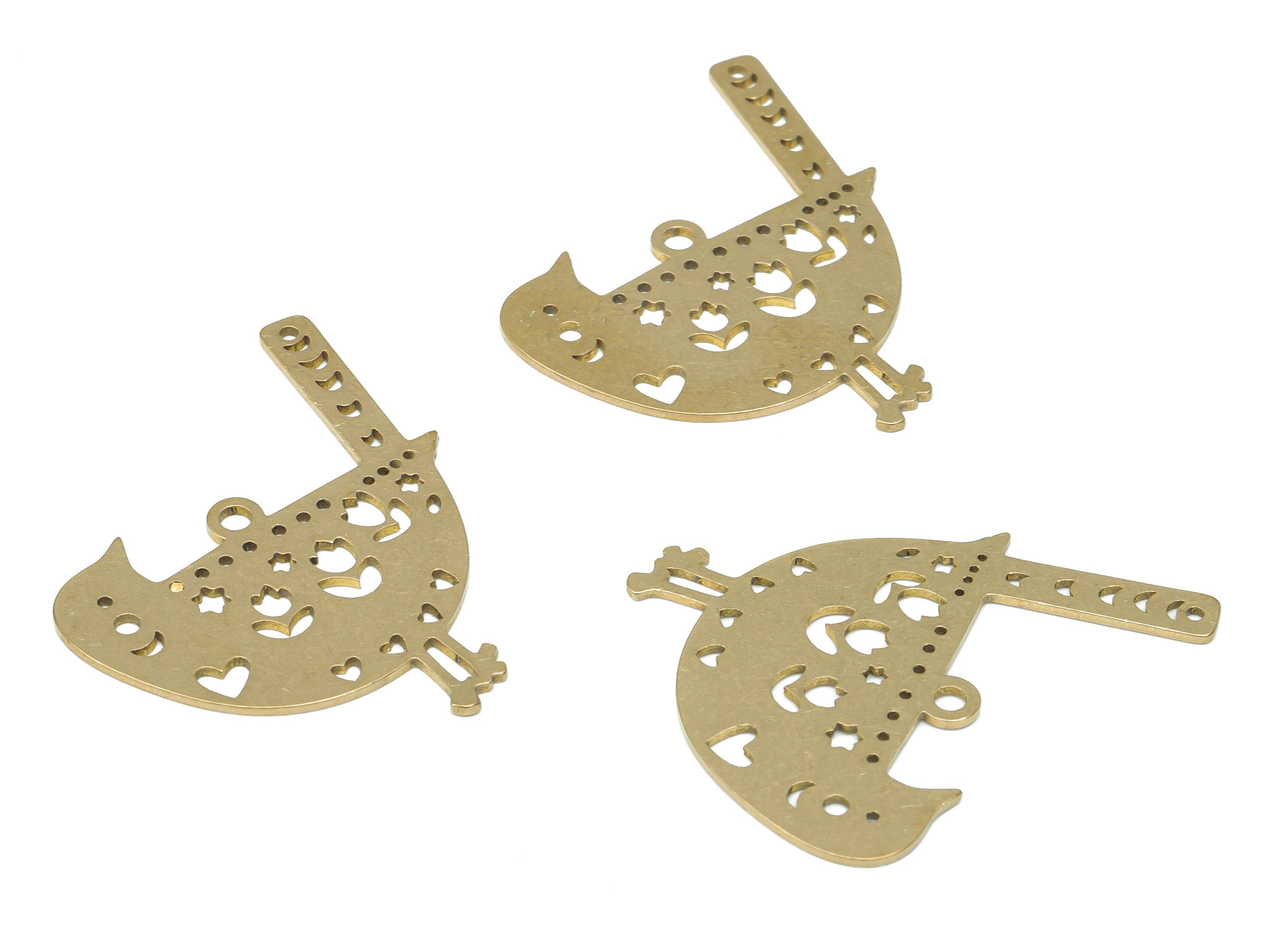 Brass Bird Crescent Chick Heart Earring Charms - Raw Brass Flower Star Moon Pendant - Jewelry Supplies - 35.38x30.29x0.74mm - PPA3253 - DOMEDBAZAAR