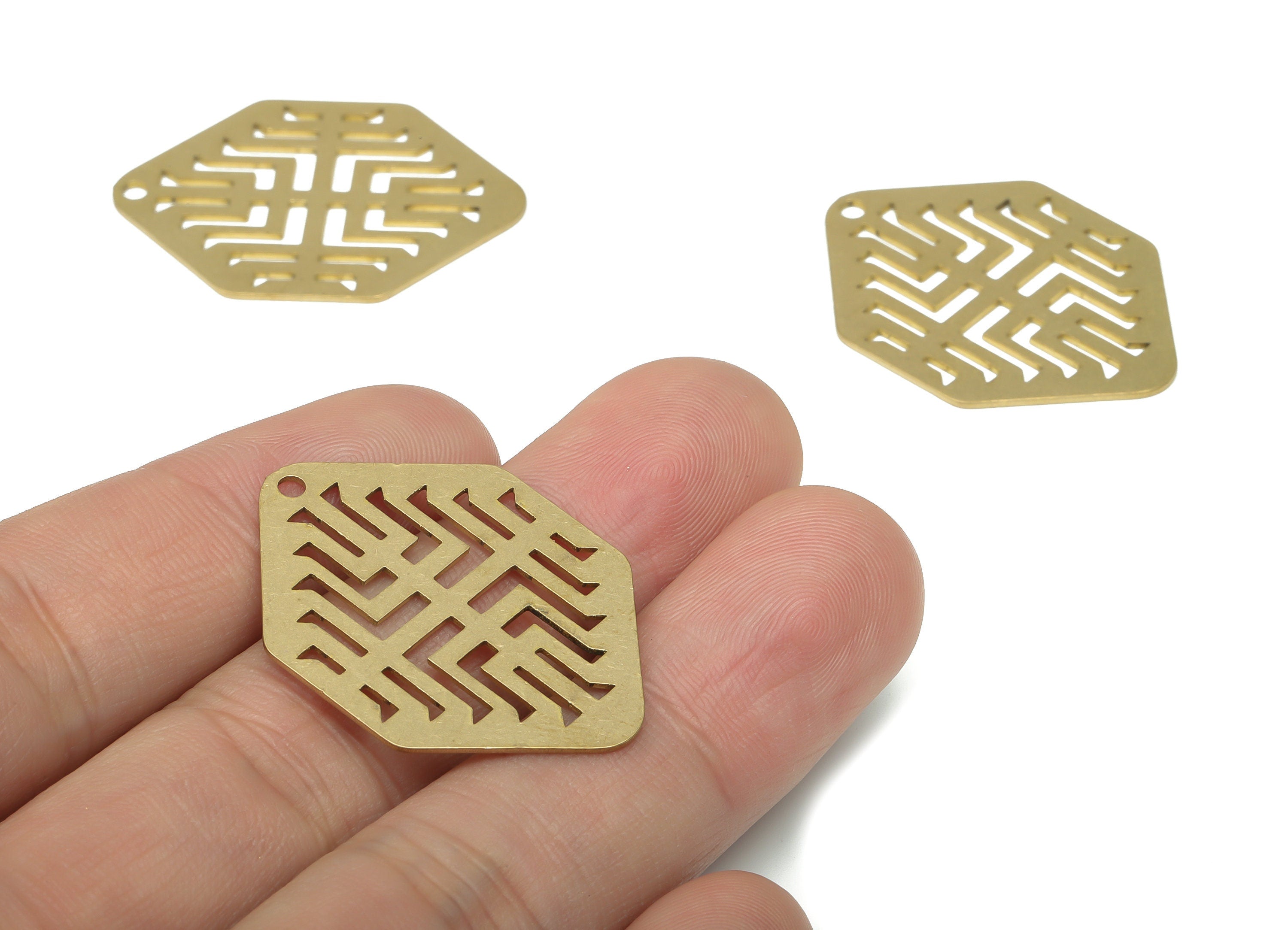 Brass Diamond Anatolian Earring Charms - Raw Brass Abstract Hexagon Pendant - DIY Jewelry Making Supplies - 34.95x25.26x0.67mm - PPA2729 - DOMEDBAZAAR