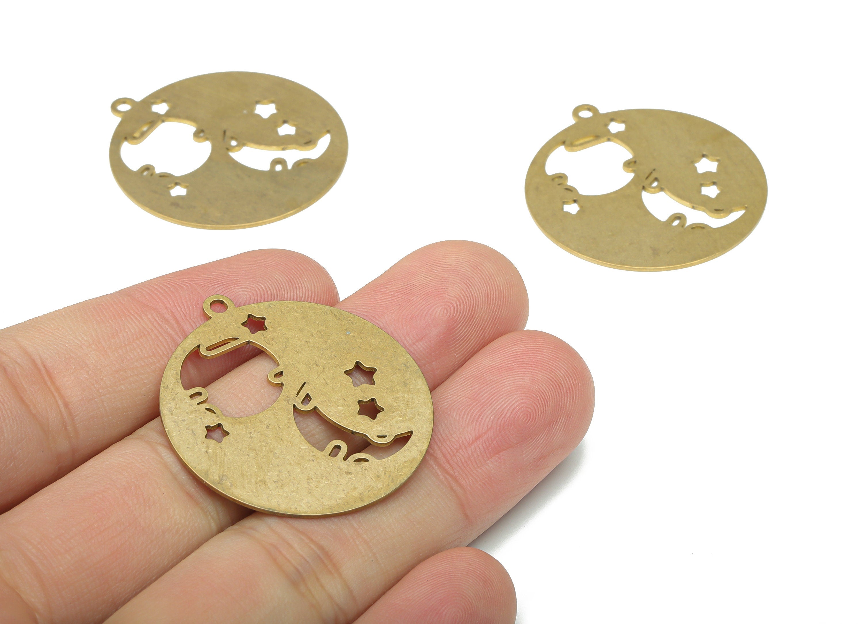 Brass Round Crescent Heavenly Body Earring Charms - Raw Brass Star Moon Pendant - DIY Jewelry Making Supplies - 34.87x31.89x0.65mm - PPA3000 - DOMEDBAZAAR