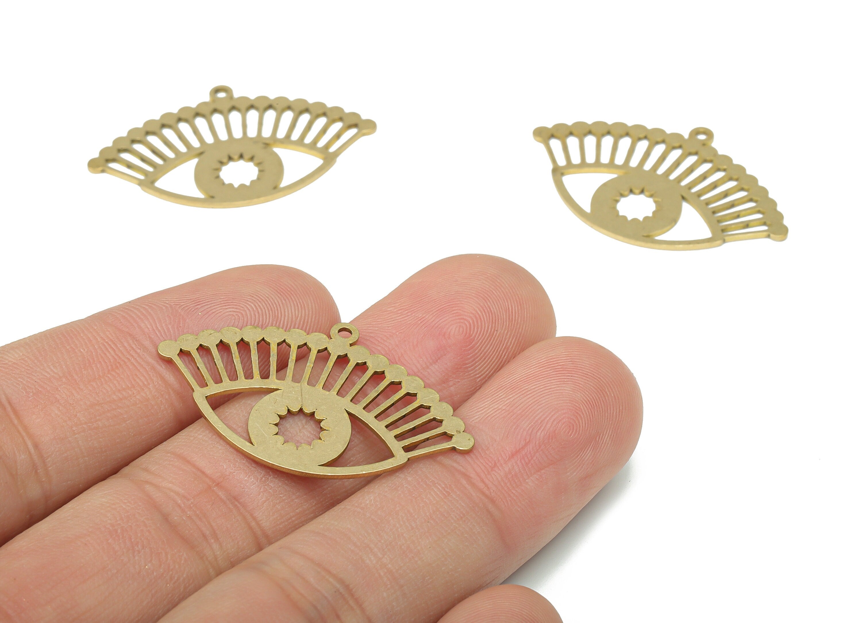 Brass Sun Eye Earring Charms - Raw Brass Beads Eyelash Pendant - DIY Jewelry Making Supplies - 34.73x21.61x0.74mm - PPA3192 - DOMEDBAZAAR