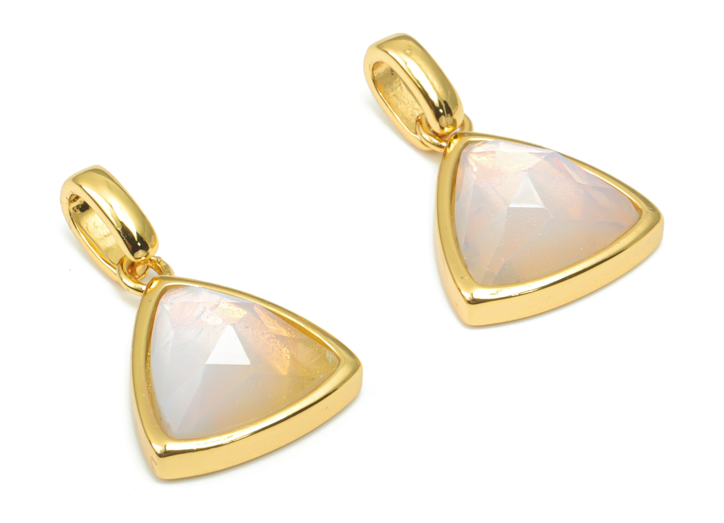 Opal Faceted Triangle Earring Charms With Loop - 11mm Natural Stone - Brass Triangle Pendant - Gold Tone Plated Brass – 20x12x6mm – NS1668E - DOMEDBAZAAR
