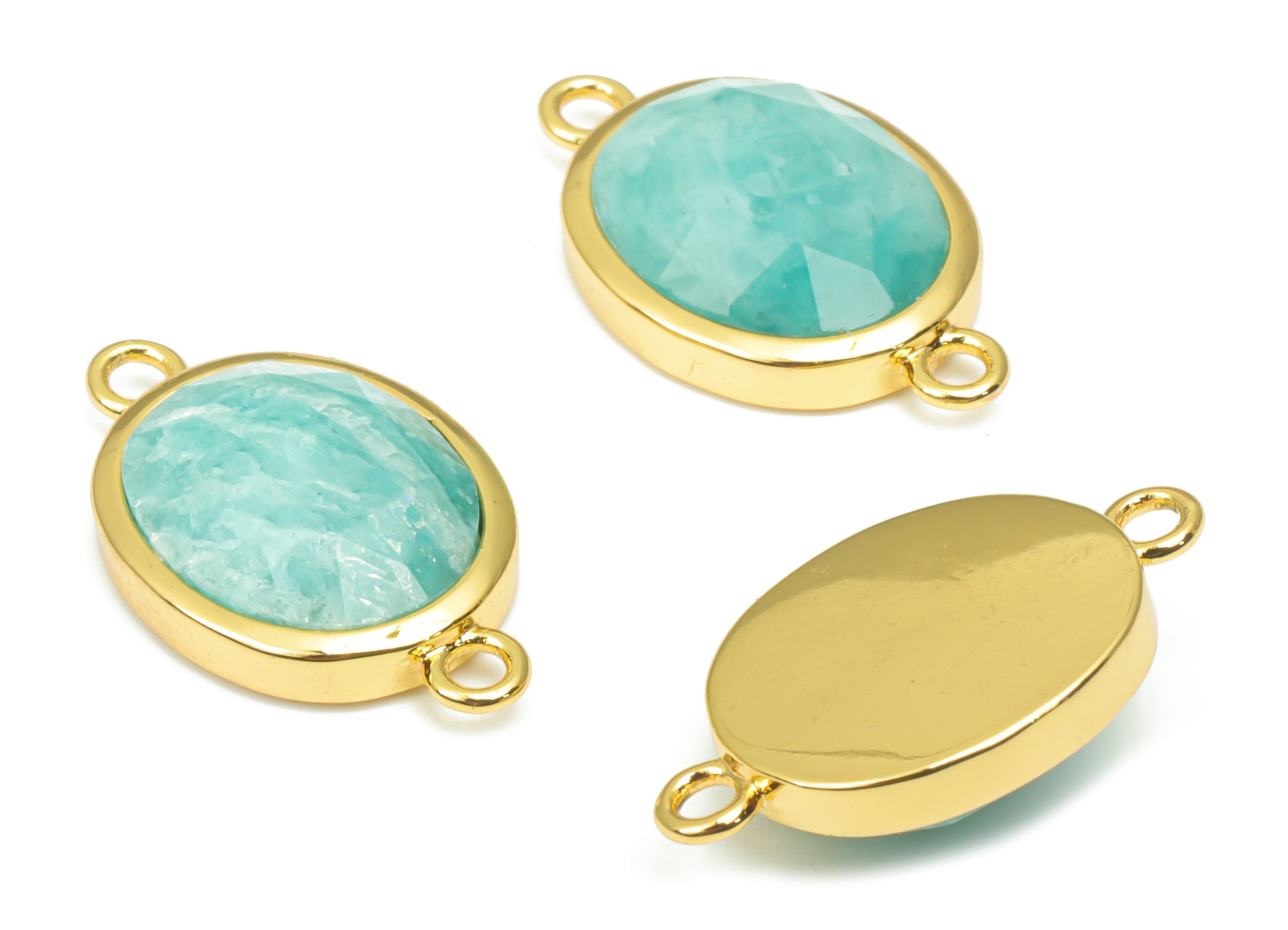 Amazonite Faceted Oval Earring Connectors - 10x12mm Natural Stone - Brass Oval Charms - Gold Tone Plated Brass – 18.15x10.95x4.7mm–NS1671J - DOMEDBAZAAR