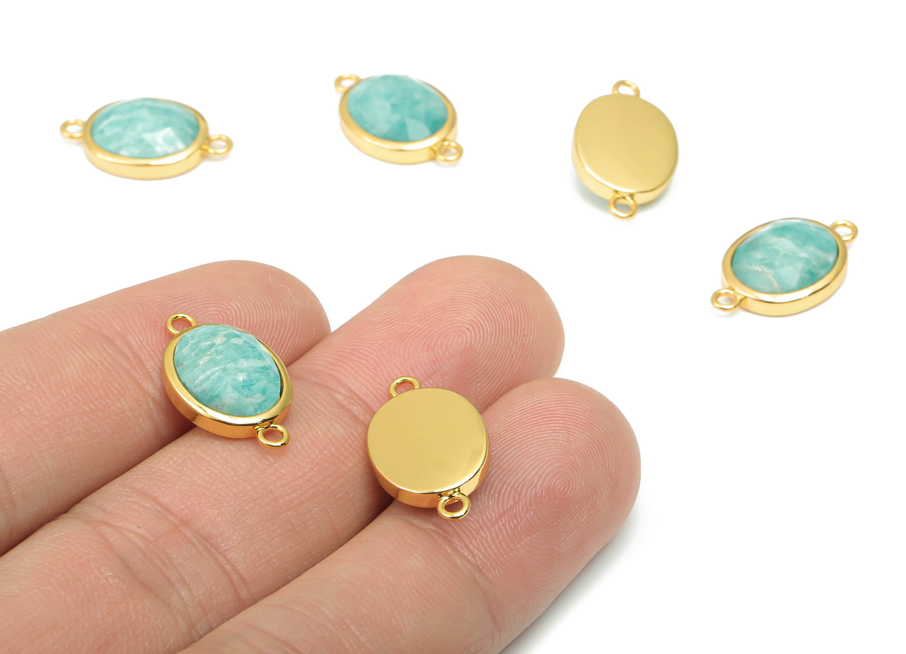 Amazonite Faceted Oval Earring Connectors - 10x12mm Natural Stone - Brass Oval Charms - Gold Tone Plated Brass – 18.15x10.95x4.7mm–NS1671J - DOMEDBAZAAR
