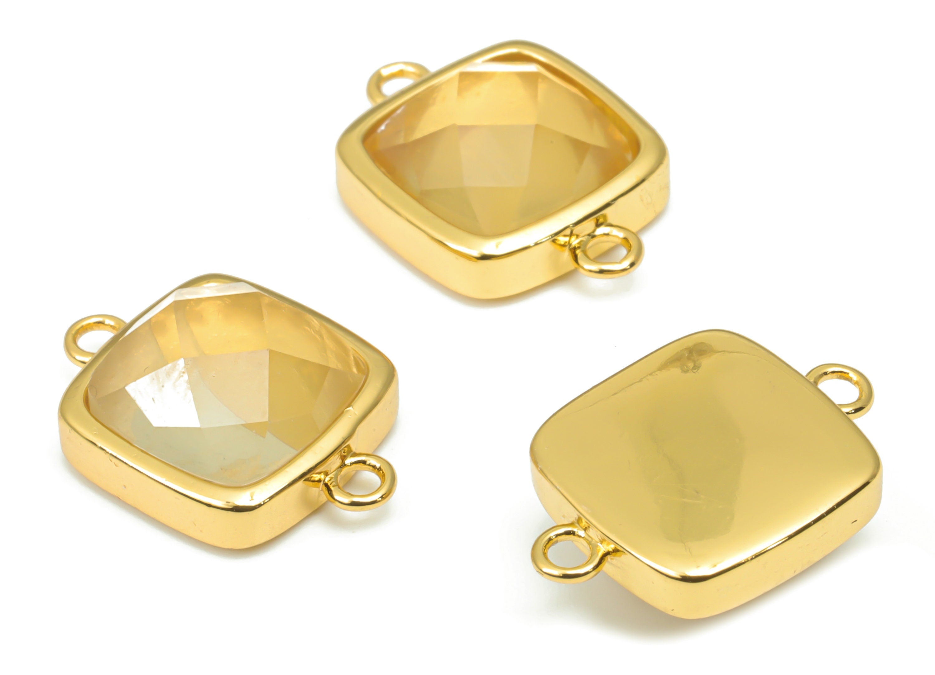 Lemon Citrine Faceted Square Earring Connectors - 11mm Natural Stone - Brass Square Charm - Gold Tone Plated Brass – 16.5x11.4x5.9mm–NS1673K - DOMEDBAZAAR