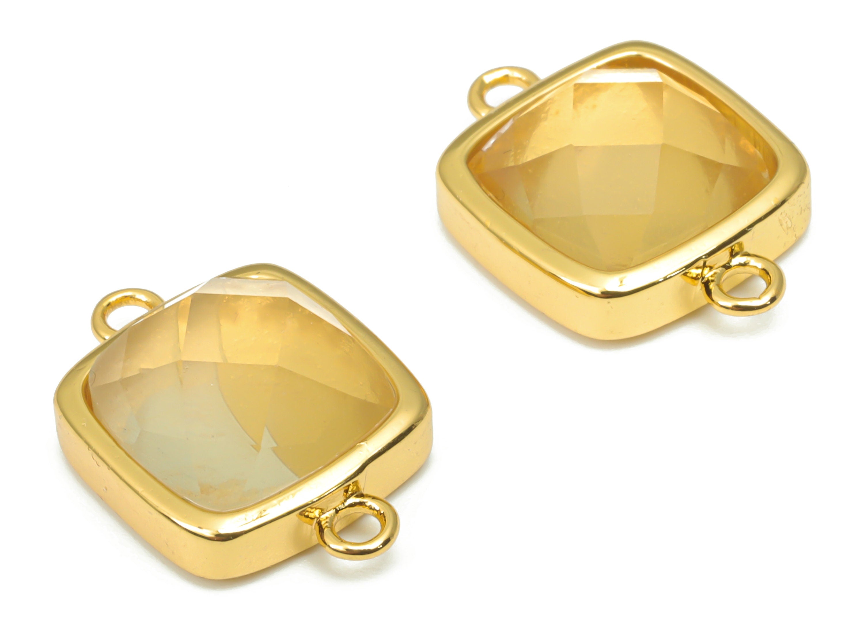 Lemon Citrine Faceted Square Earring Connectors - 11mm Natural Stone - Brass Square Charm - Gold Tone Plated Brass – 16.5x11.4x5.9mm–NS1673K - DOMEDBAZAAR