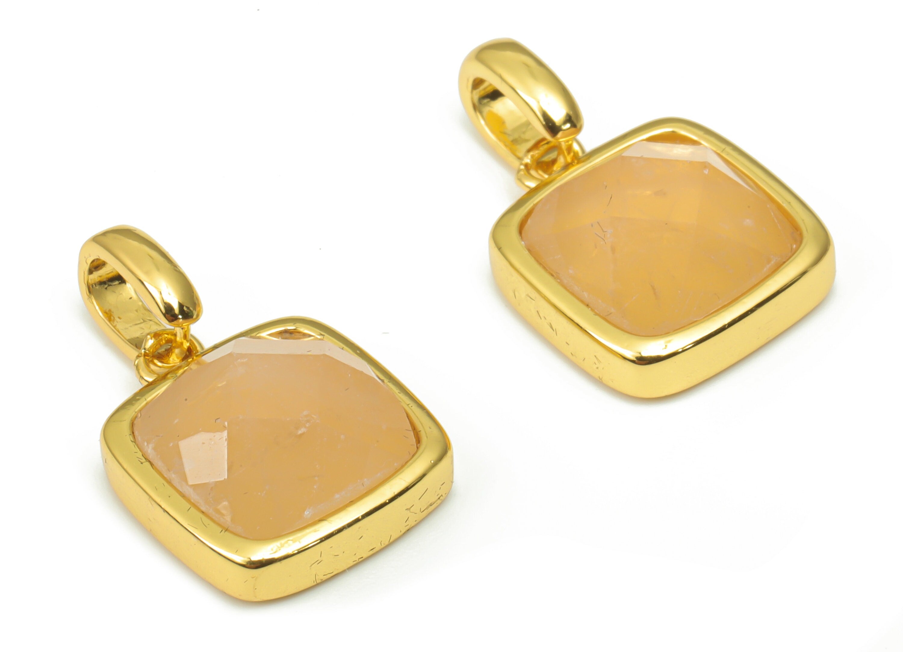 Rose Quartz Faceted Square Earring Charms - 11mm Natural Stone - Brass Square Pendant - Gold Tone Plated Brass – 18.84x11.65x5.8mm – NS1672D - DOMEDBAZAAR