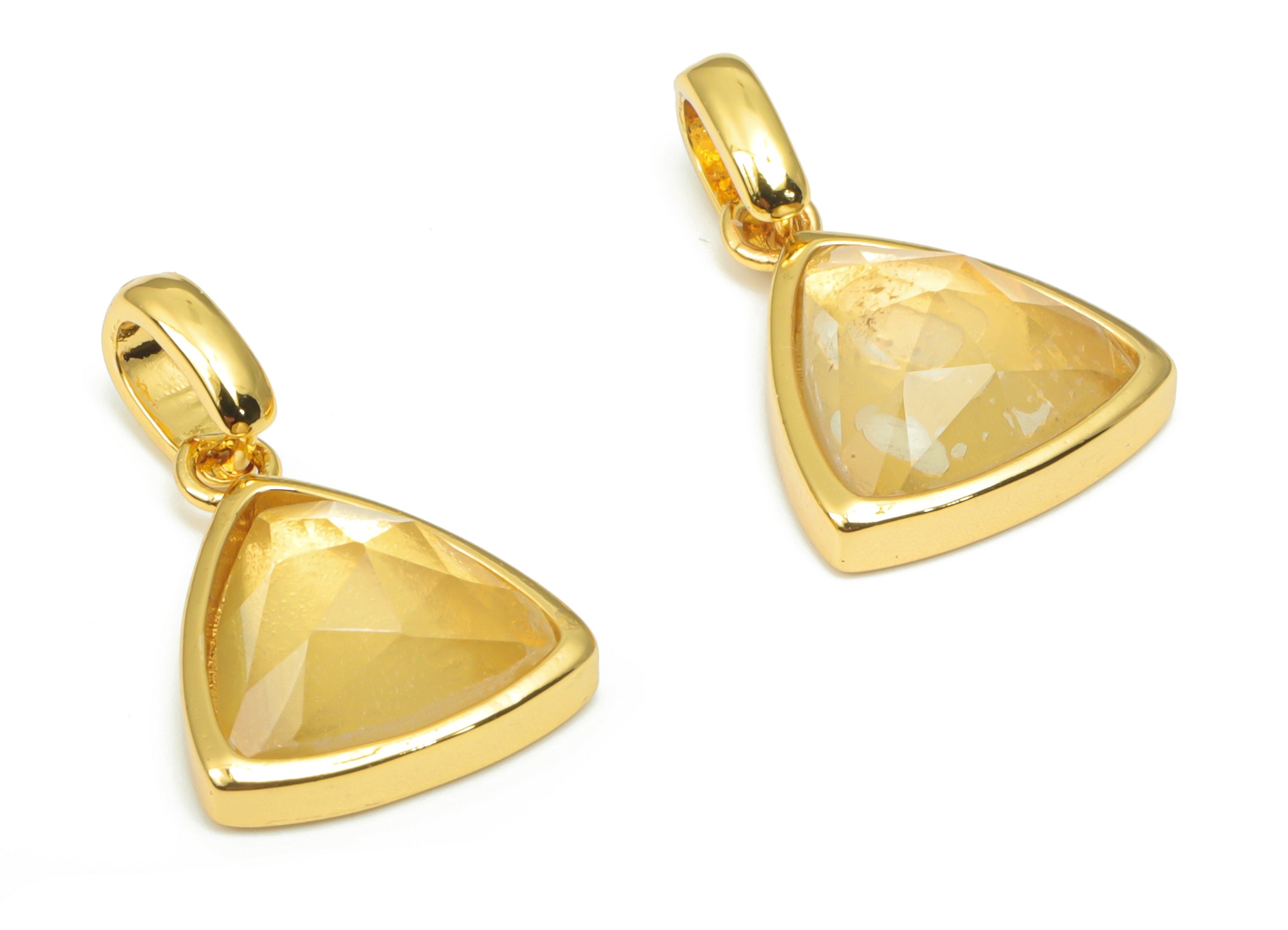 Lemon Citrine Faceted Triangle Charms With Loop - 11mm Natural Stone - Brass Triangle Pendant - Gold Tone Plated Brass – 20x12x6mm – NS1668K - DOMEDBAZAAR