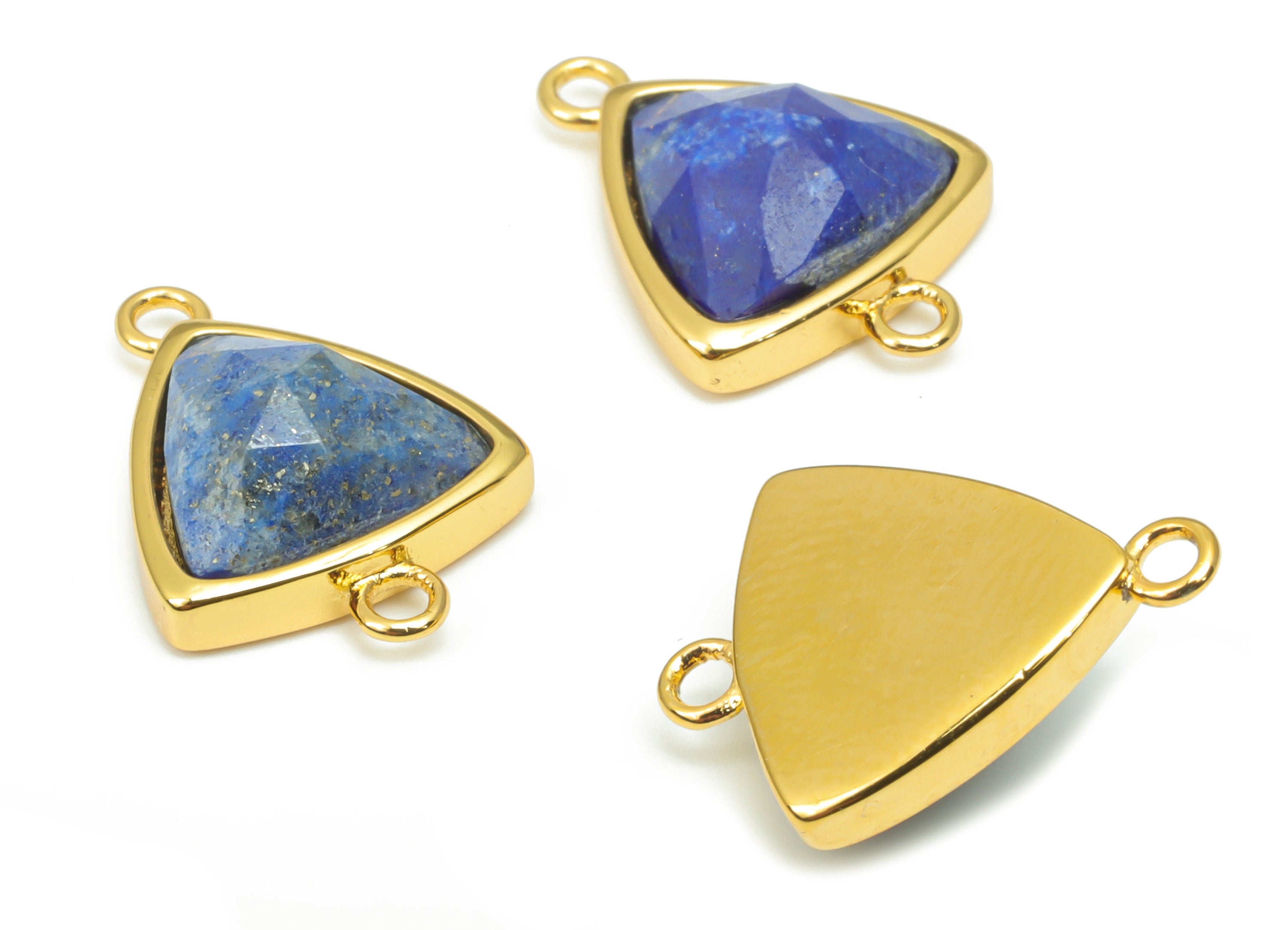 Lapis Lazuli Faceted Triangle Earring Connector - 11mm Natural Stone - Brass Triangle Charm - Gold Tone Plated Brass – 16.9x12.3x6mm–NS1669A - DOMEDBAZAAR