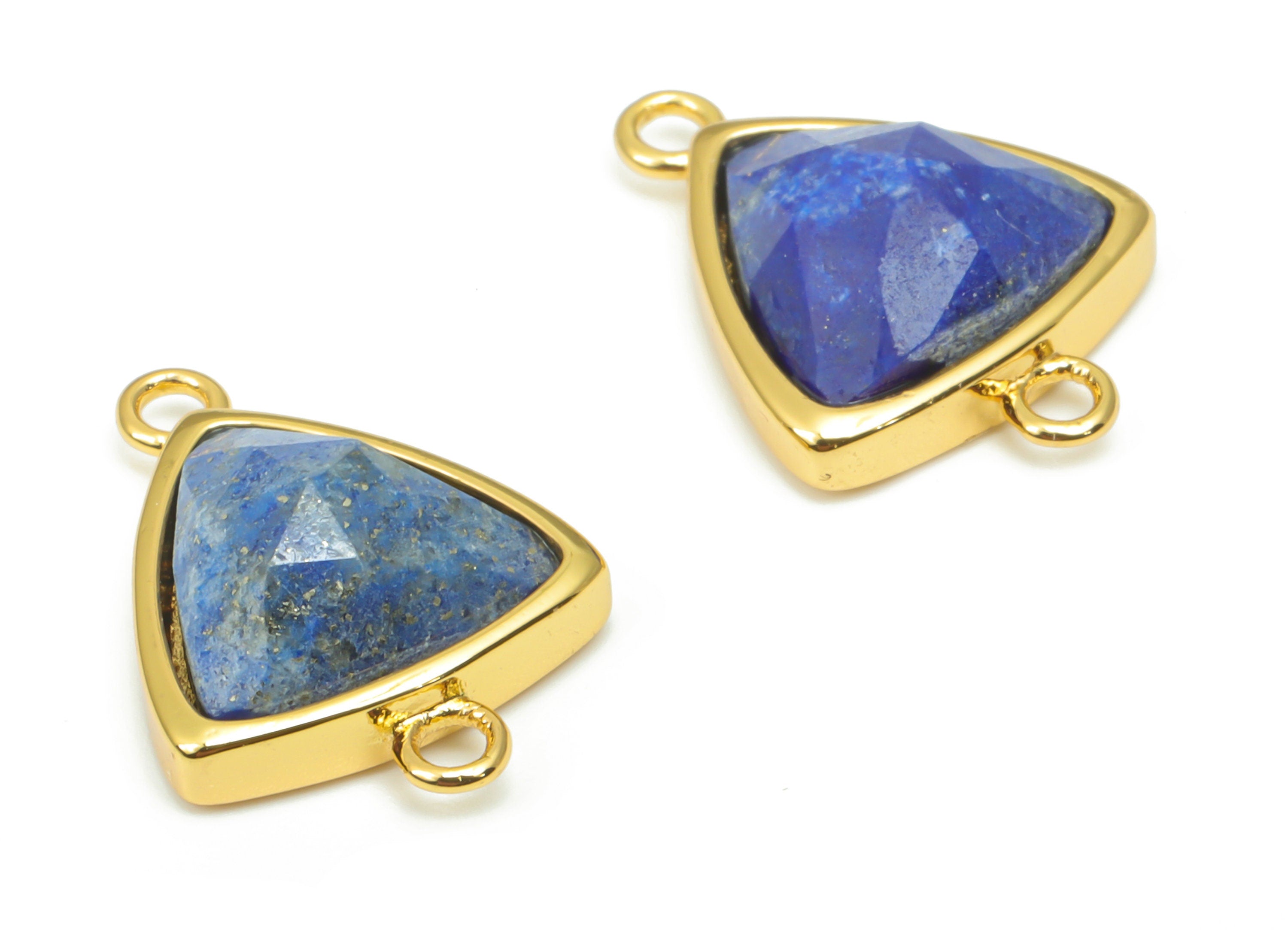 Lapis Lazuli Faceted Triangle Earring Connector - 11mm Natural Stone - Brass Triangle Charm - Gold Tone Plated Brass – 16.9x12.3x6mm–NS1669A - DOMEDBAZAAR
