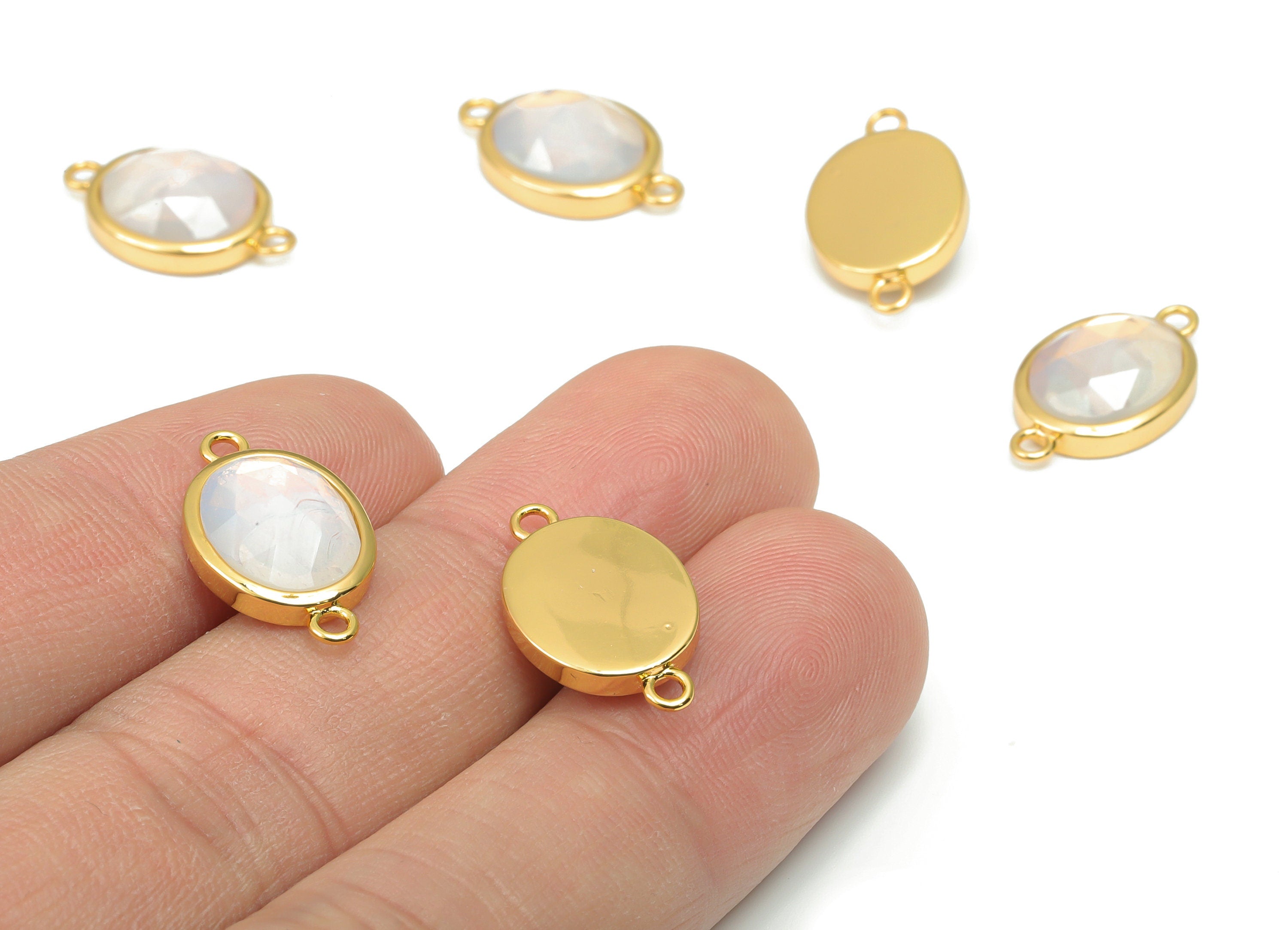 Opalite Faceted Oval Earring Connectors - 10x12mm Natural Stone - Brass Oval Charms - Gold Tone Plated Brass – 18.15x10.95x4.7mm – NS1671E - DOMEDBAZAAR