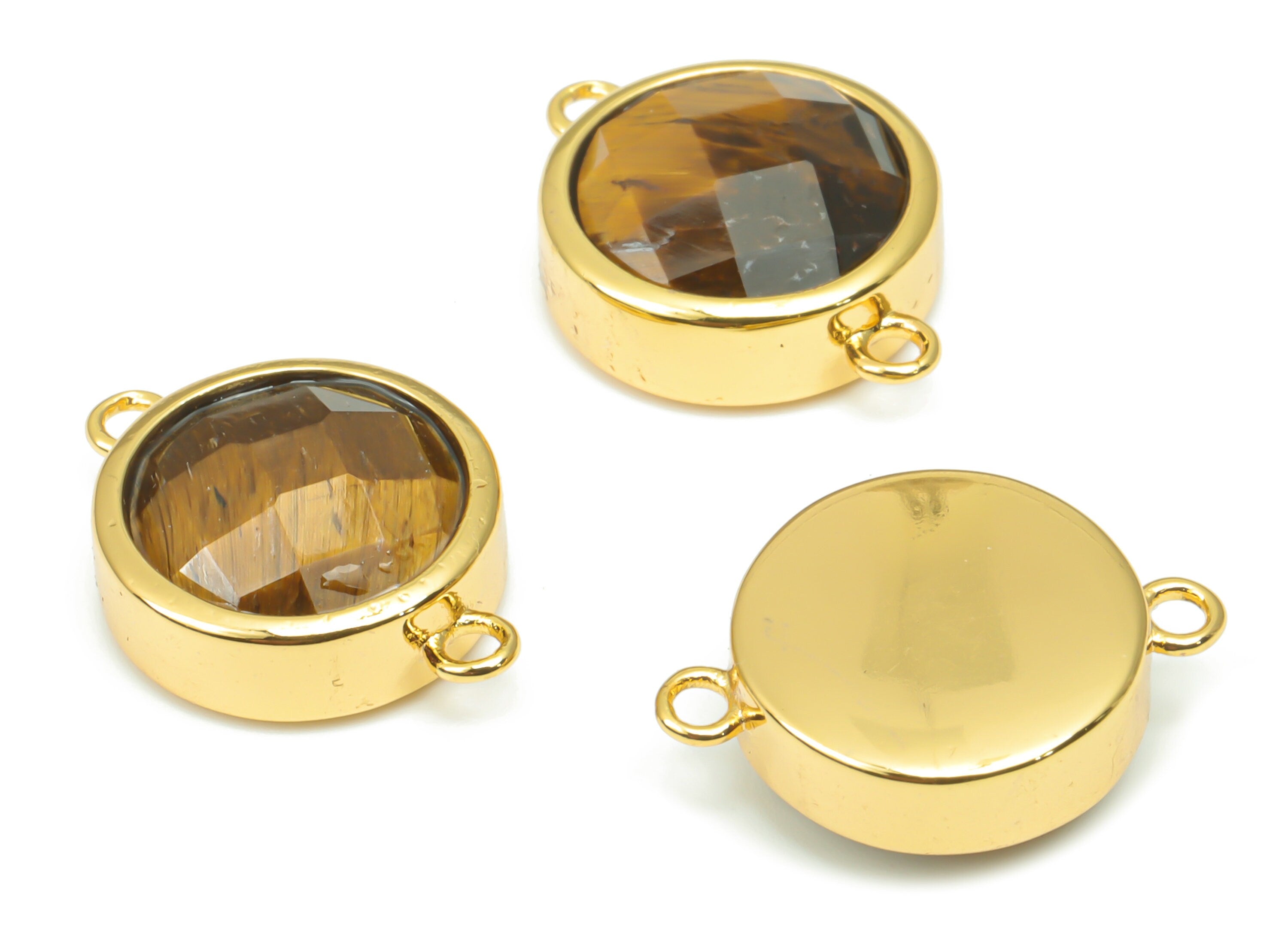 Tiger's-eye Faceted Round Connectors - 10mm Natural Stone - Brass Circle Charms - Gold Tone Plated Brass – 17.68x12.83x6.04mm – NS1667F - DOMEDBAZAAR