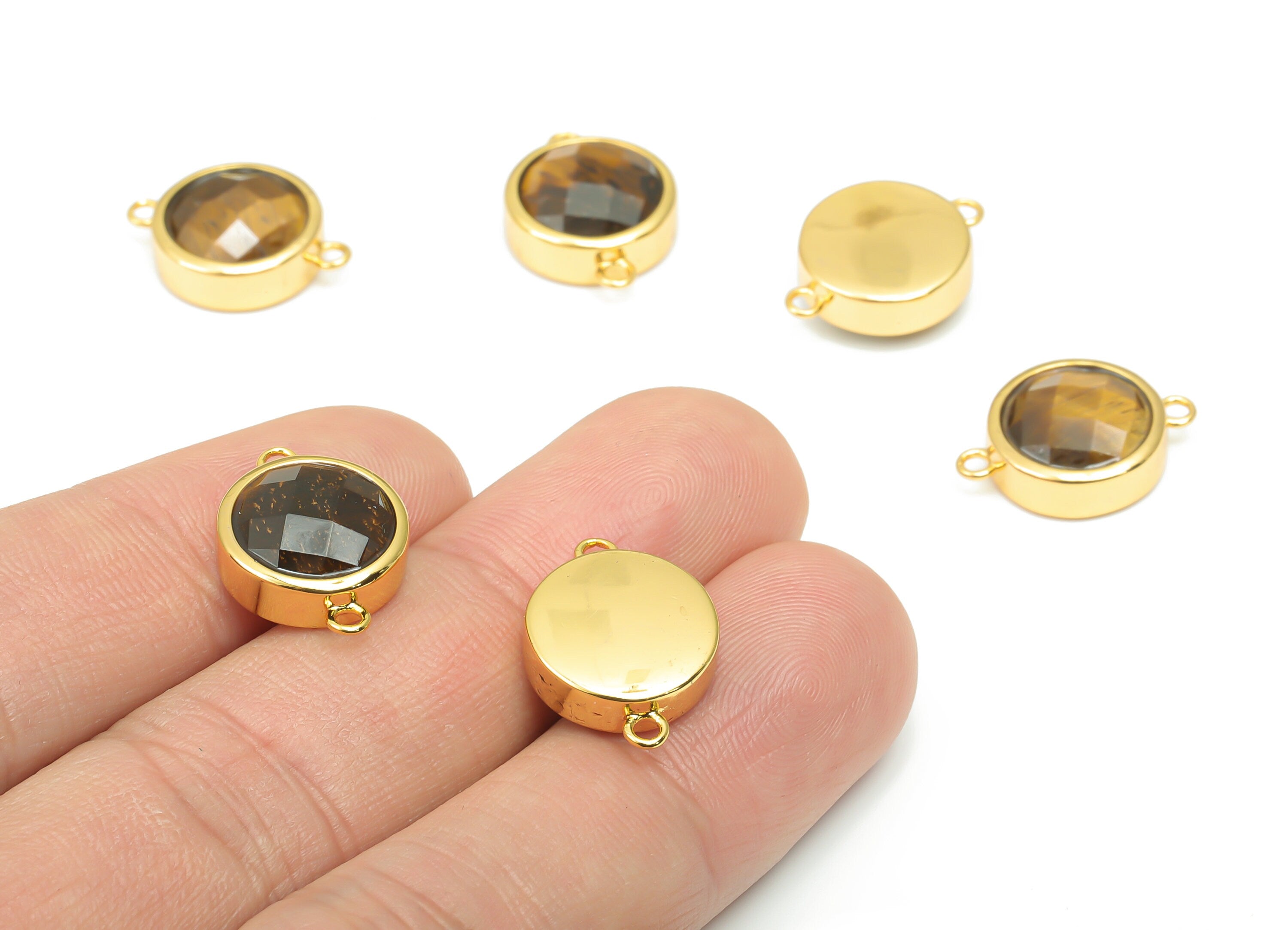 Tiger's-eye Faceted Round Connectors - 10mm Natural Stone - Brass Circle Charms - Gold Tone Plated Brass – 17.68x12.83x6.04mm – NS1667F - DOMEDBAZAAR
