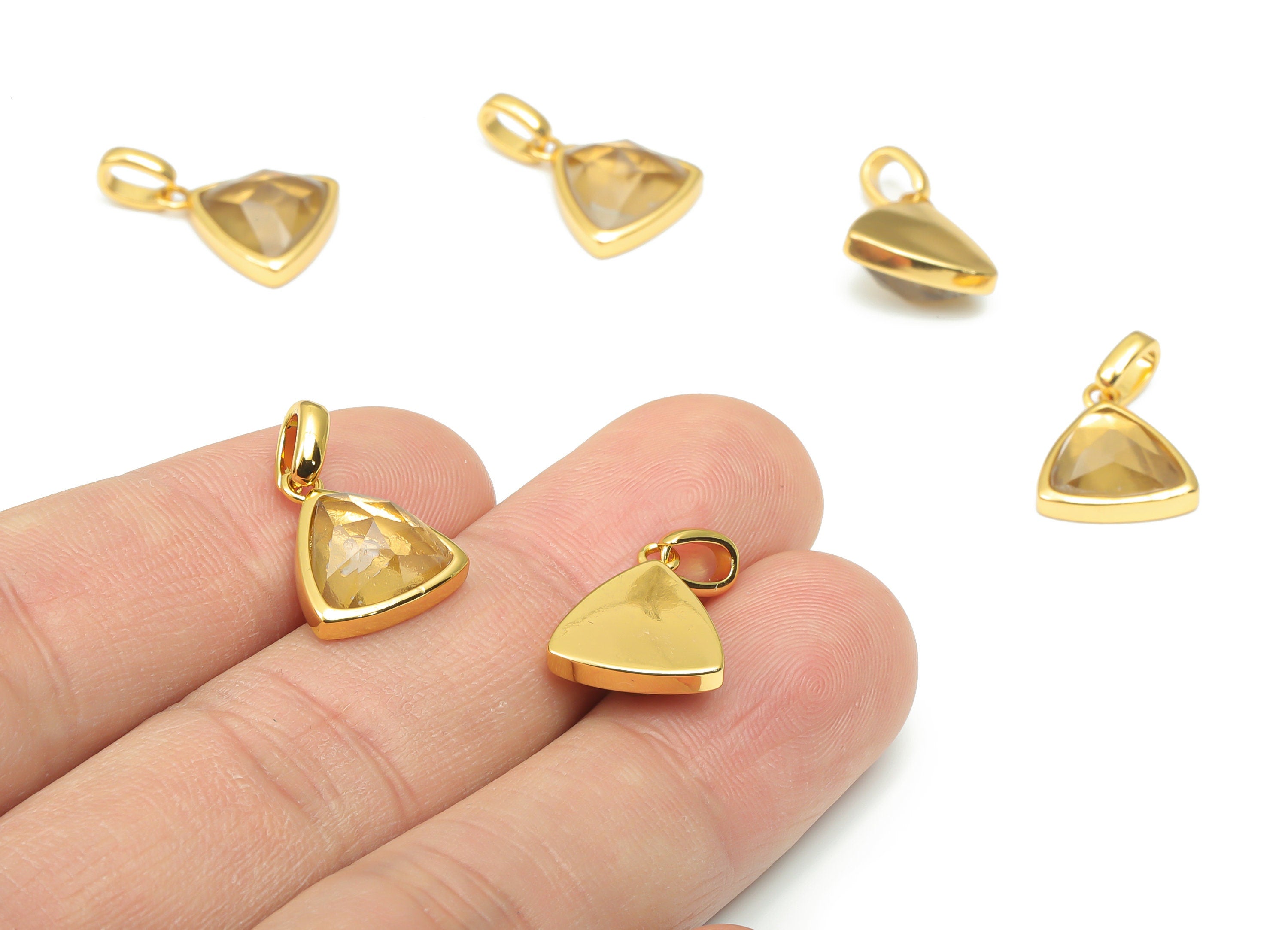 Smoky Quartz Faceted Triangle Charms With Loop - 11mm Natural Stone - Brass Triangle Pendant - Gold Tone Plated Brass – 20x12x6mm – NS1668H - DOMEDBAZAAR