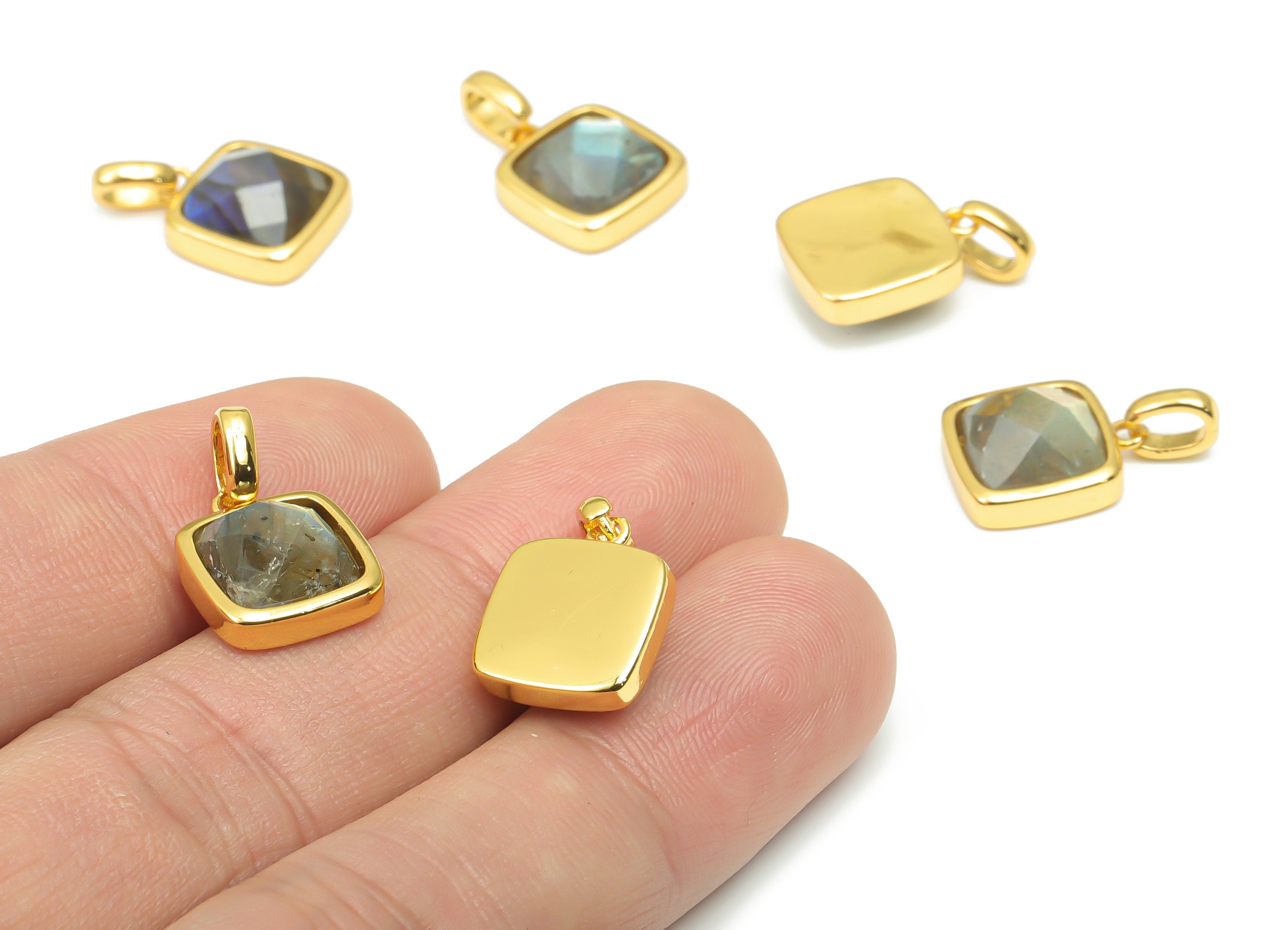 Labradorite Faceted Square Earring Charms - 11mm Natural Stone - Brass Square Pendant - Gold Tone Plated Brass – 18.84x11.65x5.8mm – NS1672L - DOMEDBAZAAR