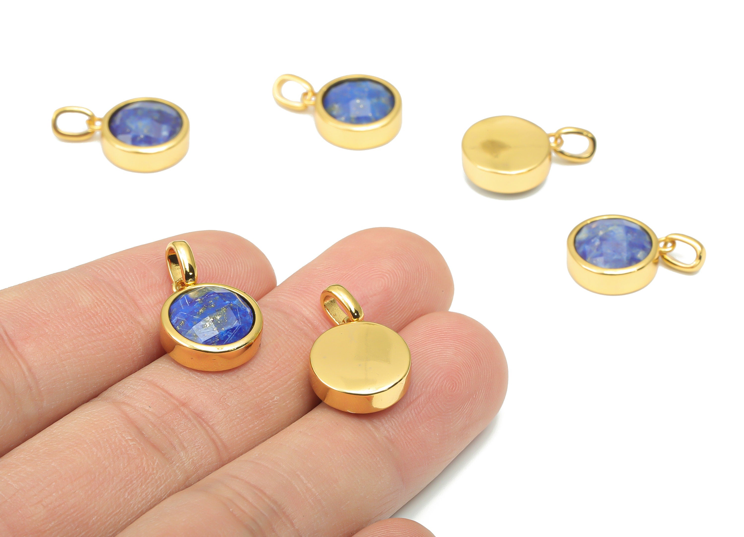 Lapis Lazuli Natural Stone Faceted Round Charms With Loop - Brass Circle Pendant - Gold Tone Plated Brass – 20.07x12.71x5.9mm – NS1666A - DOMEDBAZAAR