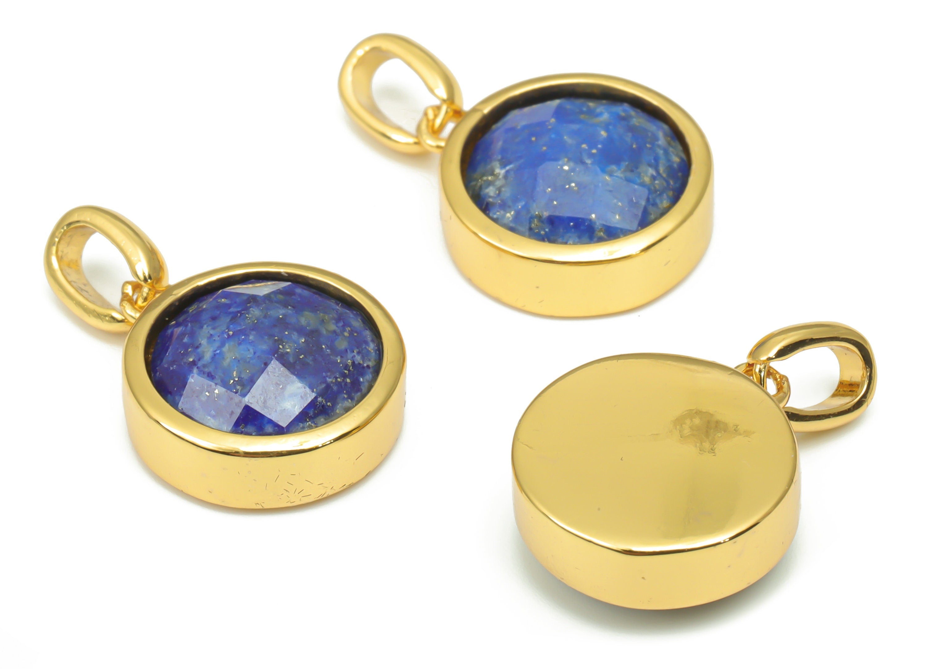 Lapis Lazuli Natural Stone Faceted Round Charms With Loop - Brass Circle Pendant - Gold Tone Plated Brass – 20.07x12.71x5.9mm – NS1666A - DOMEDBAZAAR