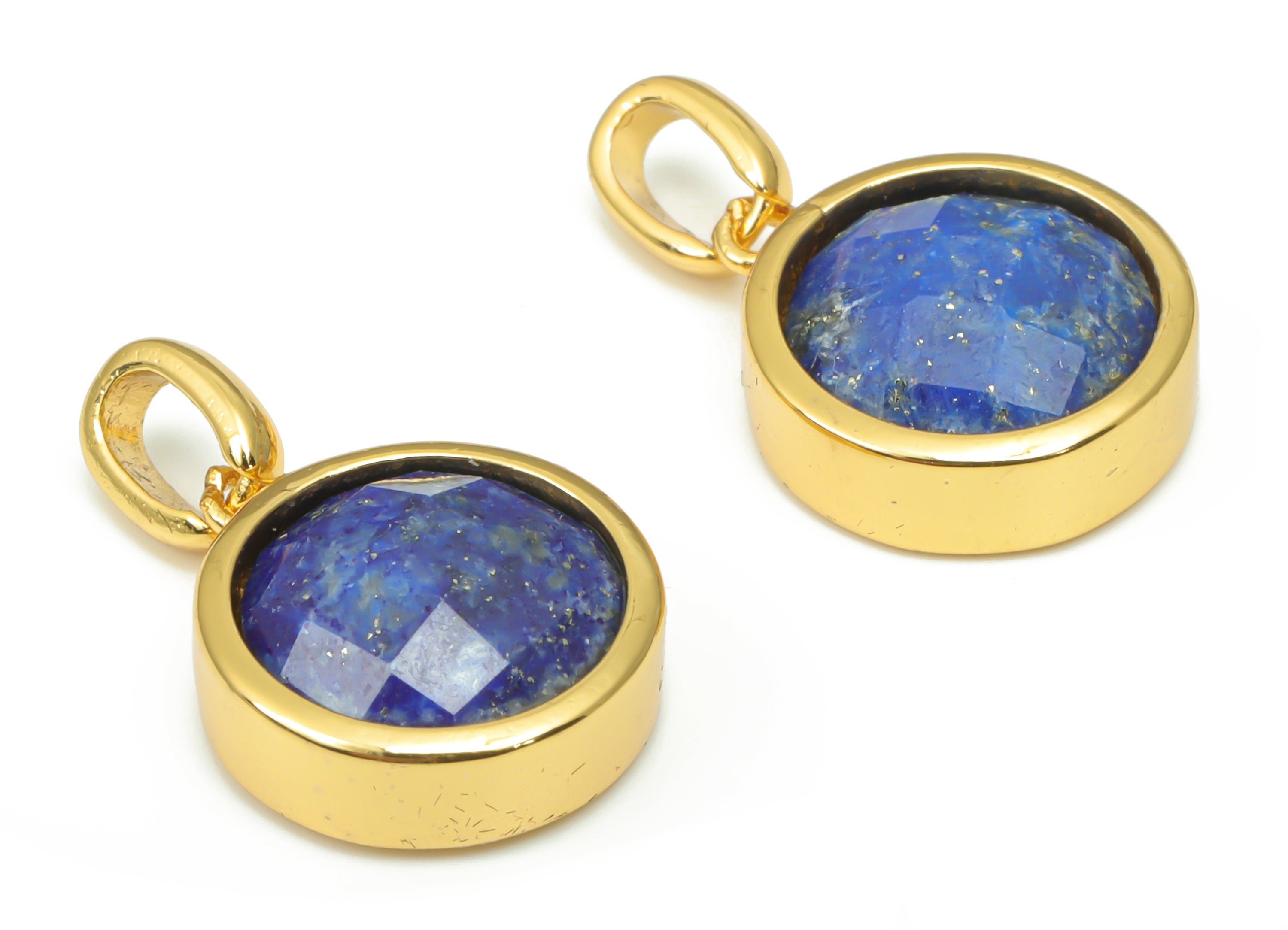 Lapis Lazuli Natural Stone Faceted Round Charms With Loop - Brass Circle Pendant - Gold Tone Plated Brass – 20.07x12.71x5.9mm – NS1666A - DOMEDBAZAAR