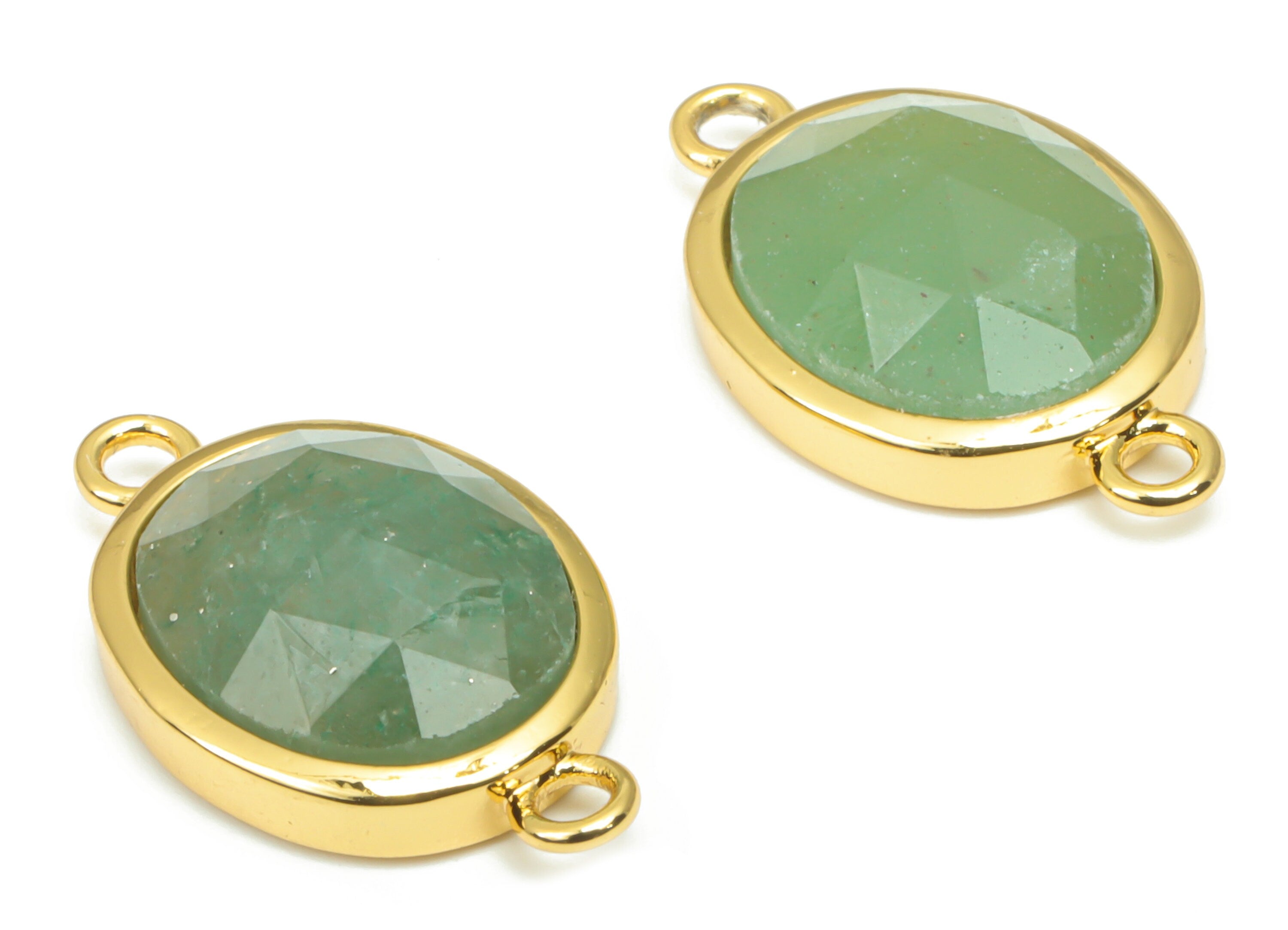 Aventurine Faceted Oval Earring Connectors - 10x12mm Natural Stone - Brass Oval Charms - Gold Tone Plated Brass – 18.15x10.95x4.7mm– NS1671G - DOMEDBAZAAR